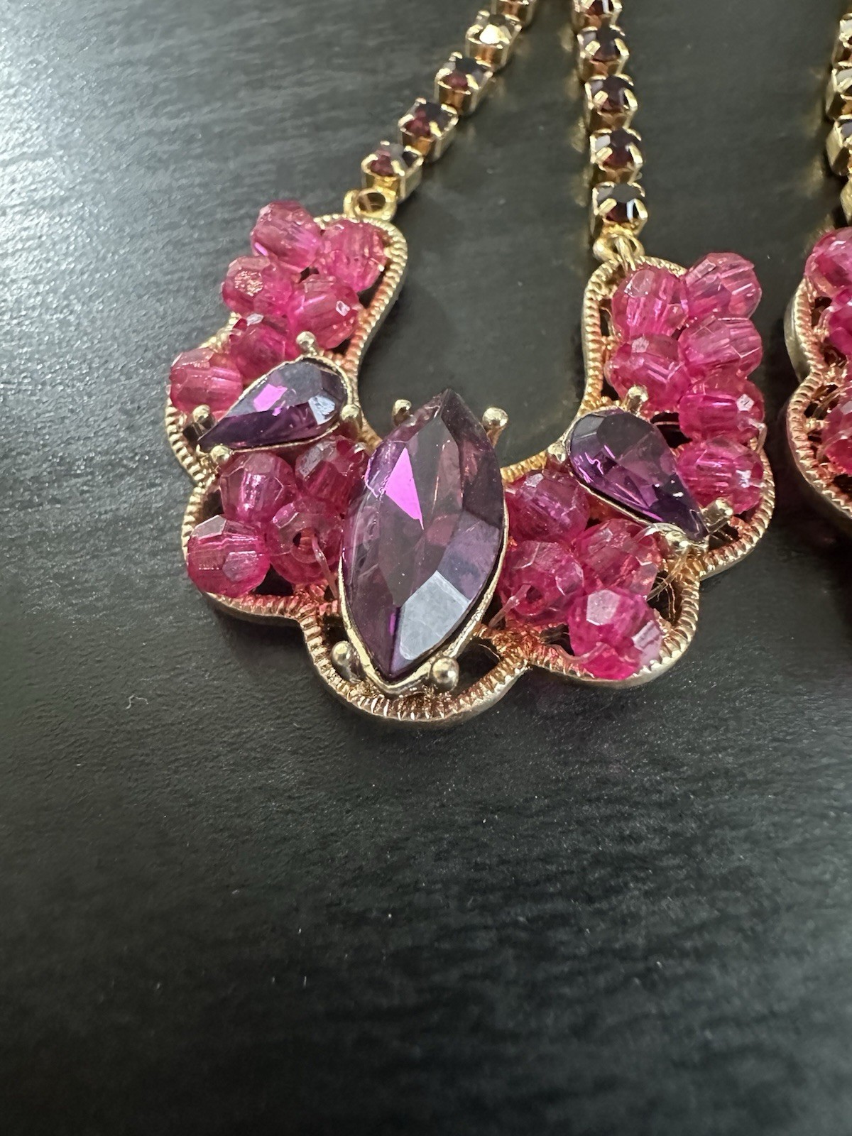 Nice Vintage Gold Tone Pink Purple Deep Red Rhinestone Dangle Hook Earrings