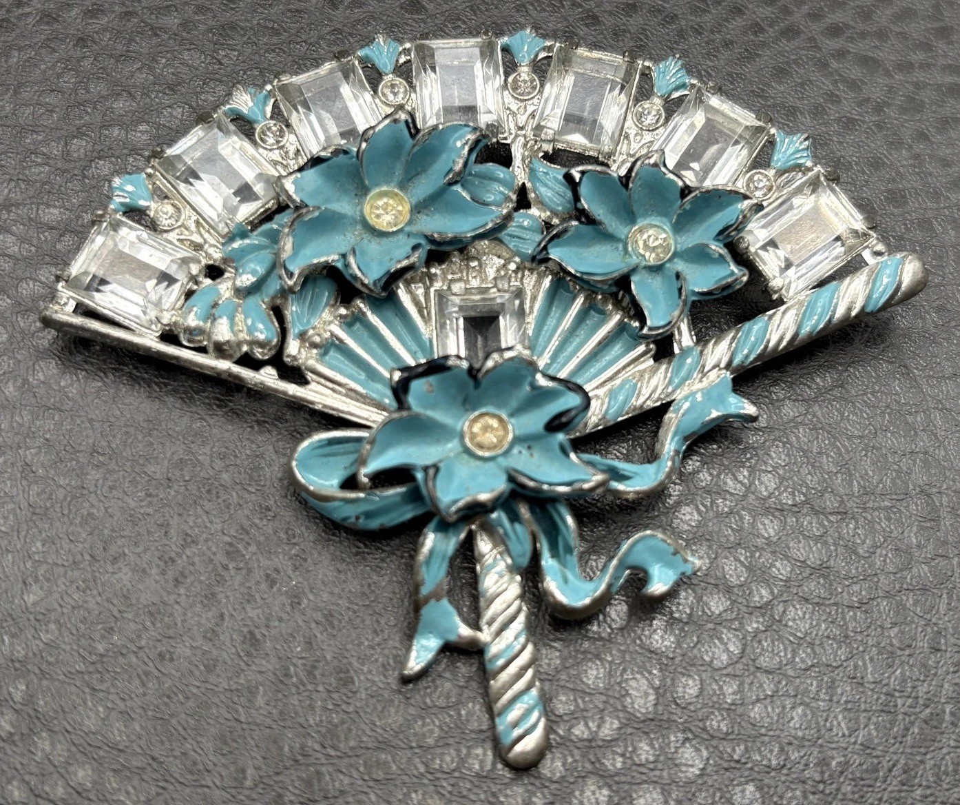 Vintage HUGE Deco Pot Metal Blue Enamel Flower Fan Ribbon Brooch Pin