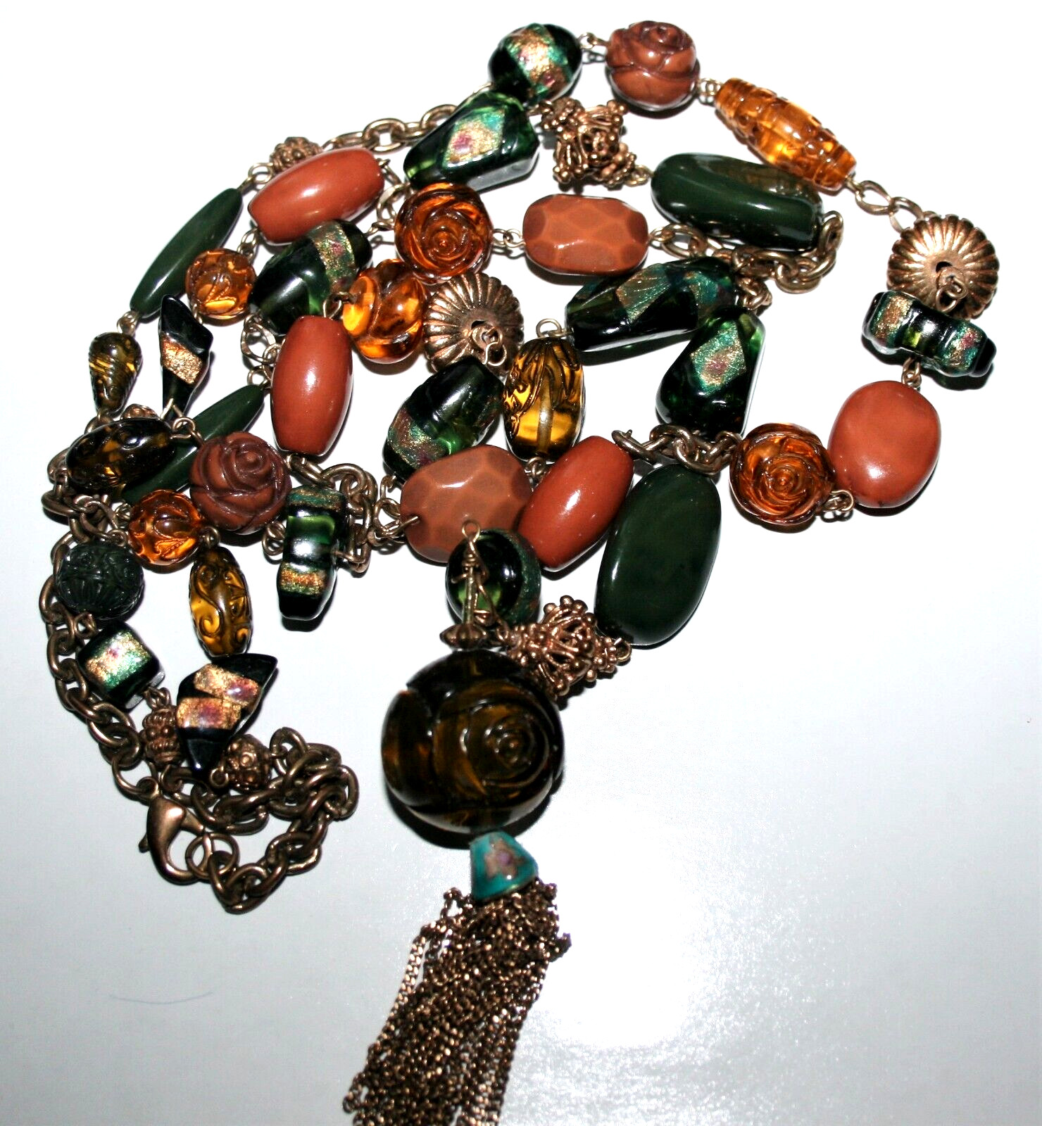 Vintage Molded Plastic Beads Fringe Pendant Chunky Layered 24″ Necklace