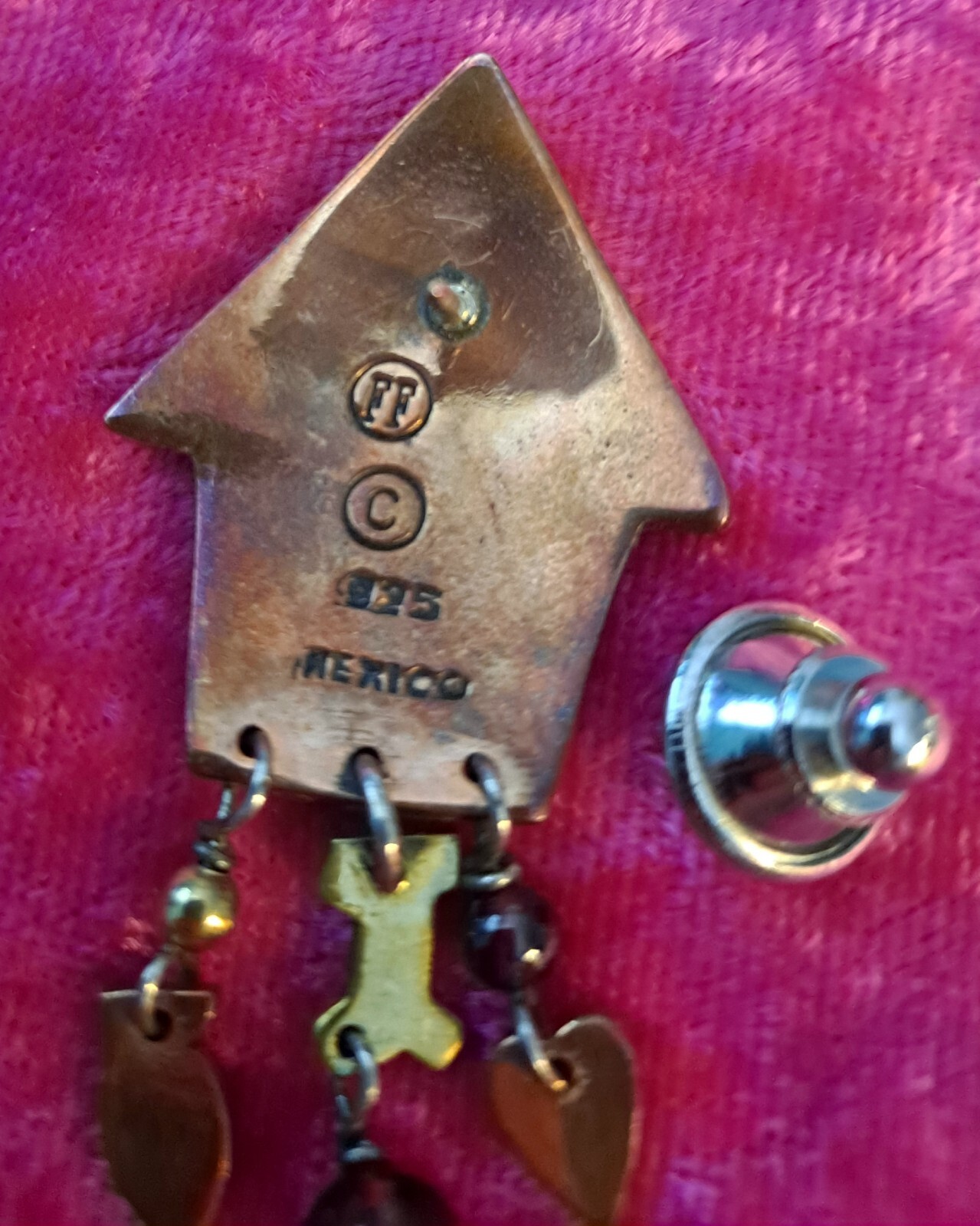 Vtg Far Fetched Dog Cat in A House Pin Sterling Silver Mixed Metals 3-D Mexico