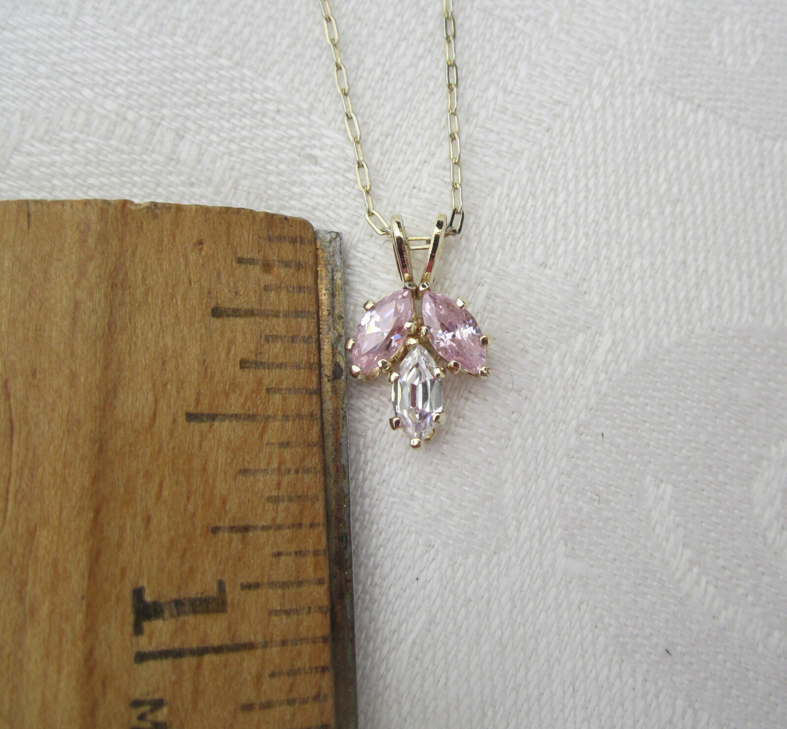 12K Gold Filled Pretty Marquise Cut Pink & Clear CZ Pendant Necklace NOS