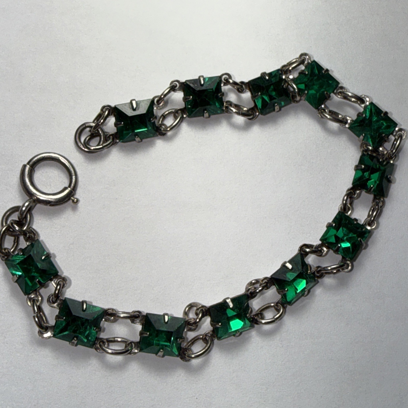 Bracelet Art Deco Paste Gwen Emerald Glass Sterling Silver Square Stone Antique
