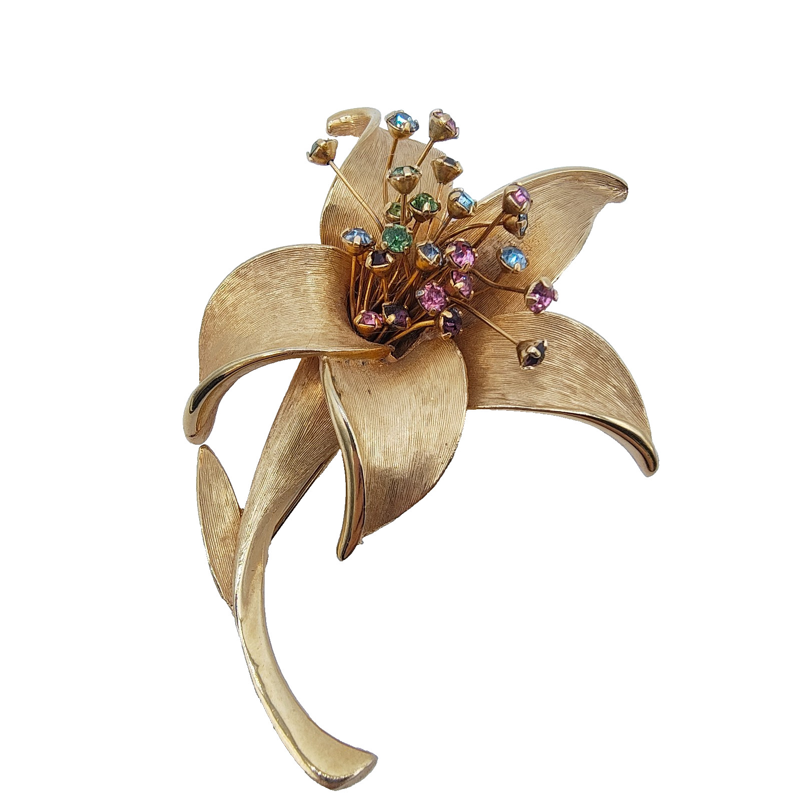 Vintage Calla Lily Brooch Brushed Gold Tone Multicolor Rhinestone Pistil Flower