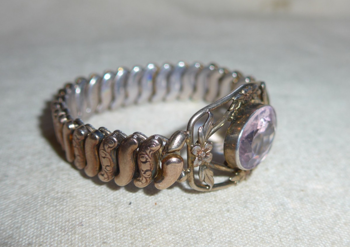 Vintage WWII Sweetheart Expansion Bracelet Co-Star Sterling Pink Stone Faceted