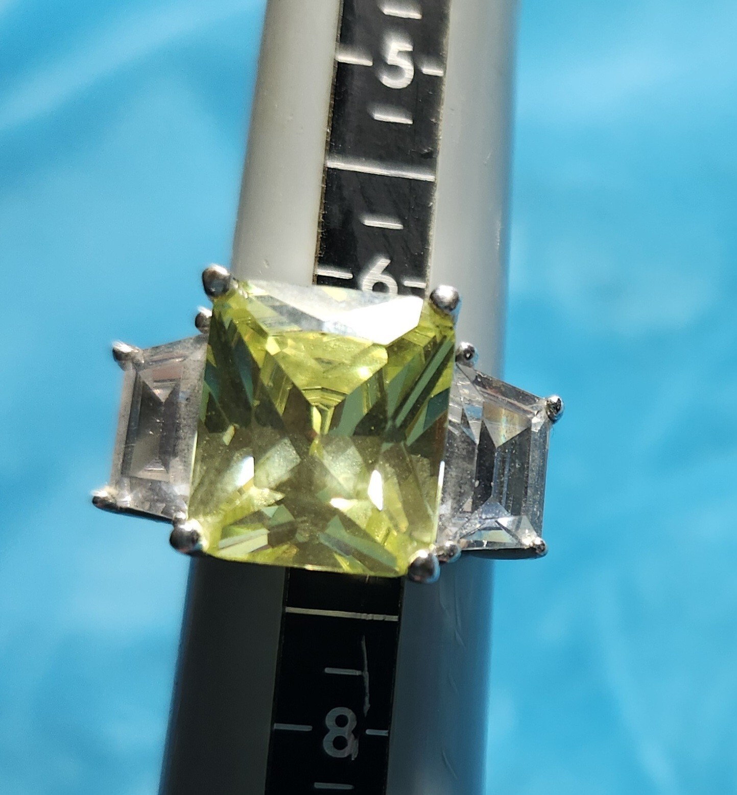 Vintage Cubic Zirconia Large Citrine & White Crystal 925 Sterling Silver Ring