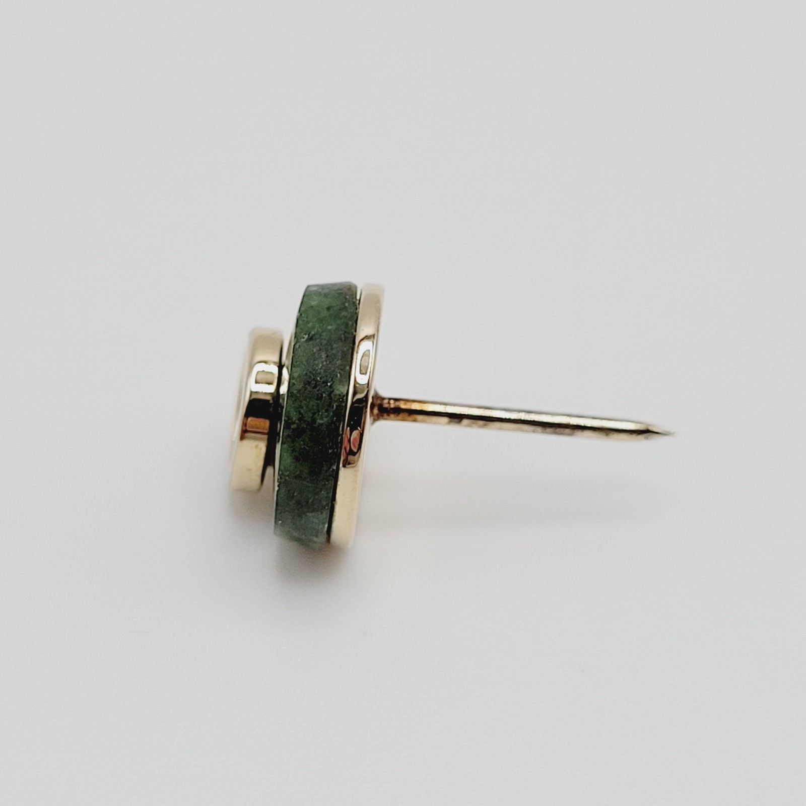 Modernist Style Dark Green Jadeite Stone Disc Open Circle Gold Tone Tie Tack Pin