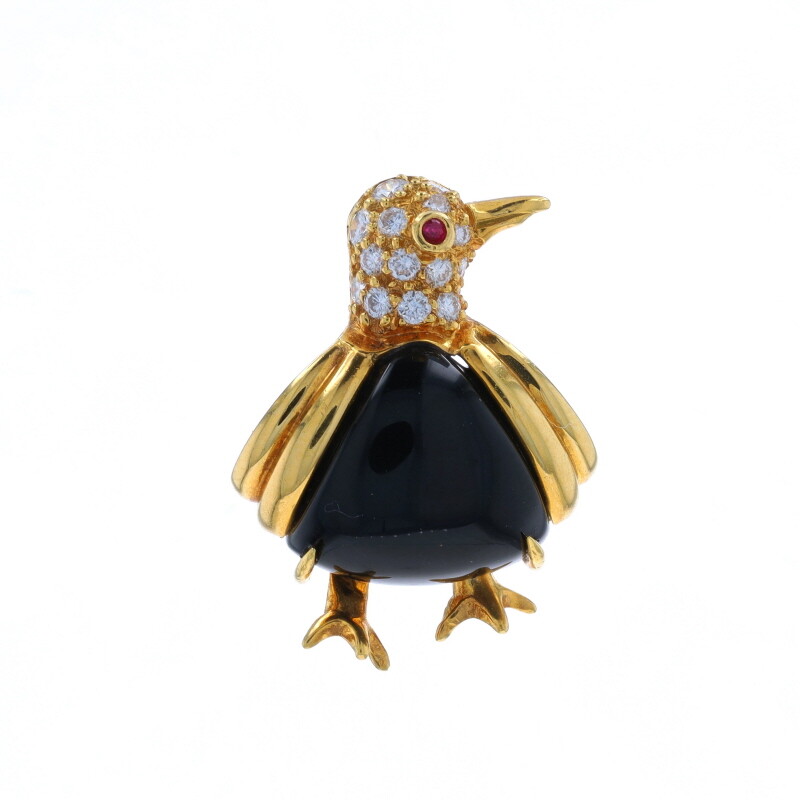 Hammerman Bros Onyx Dia Ruby Vintage Penguin Brooch – Yellow Gold 18k .35ctw Pin
