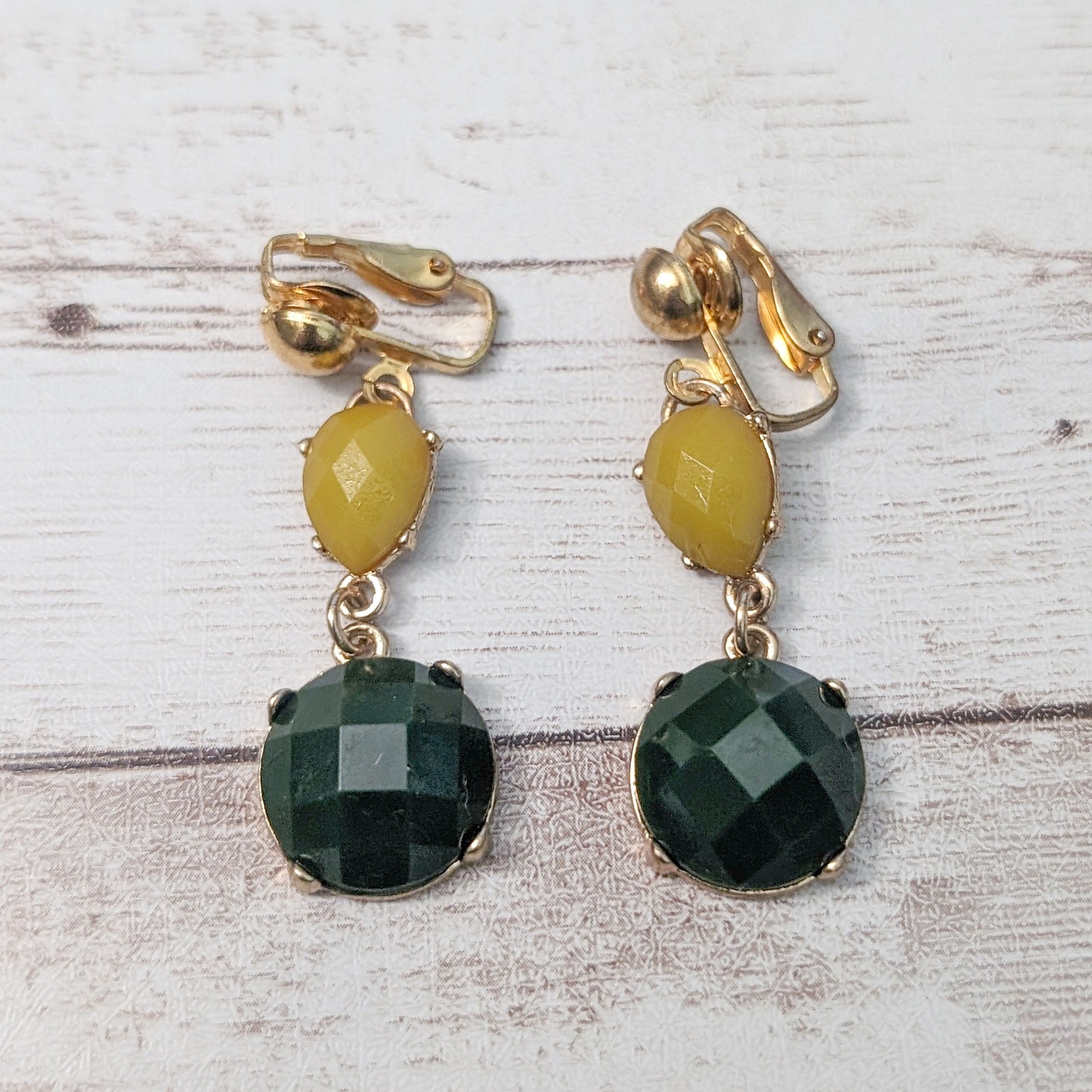 Vintage Clip On Earrings Dark Green and Dusky Yellow