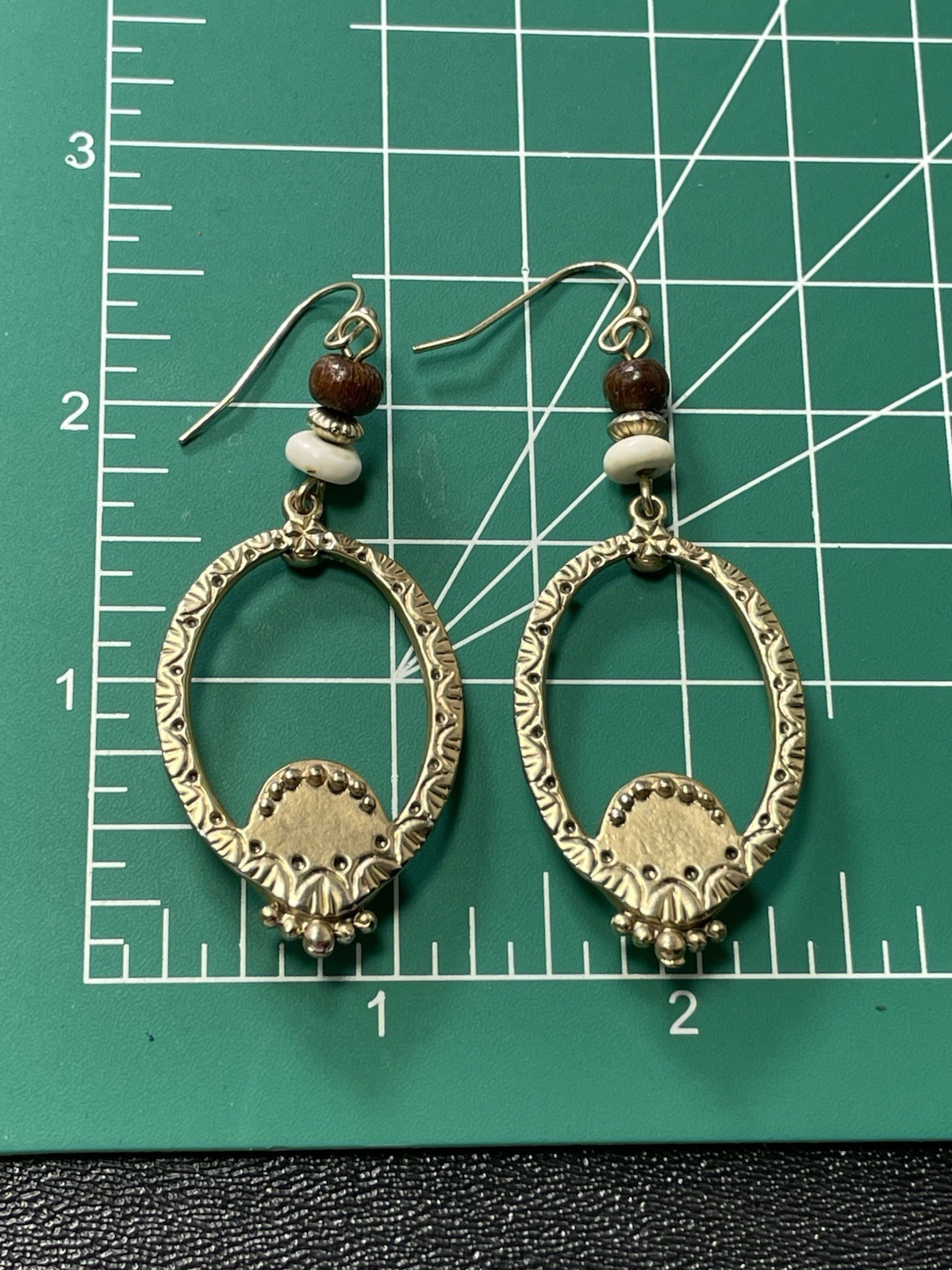 Vintage 1.5” Faux White Gemstone Wood Beaded Gold Tone Bohemian Dangle Earrings