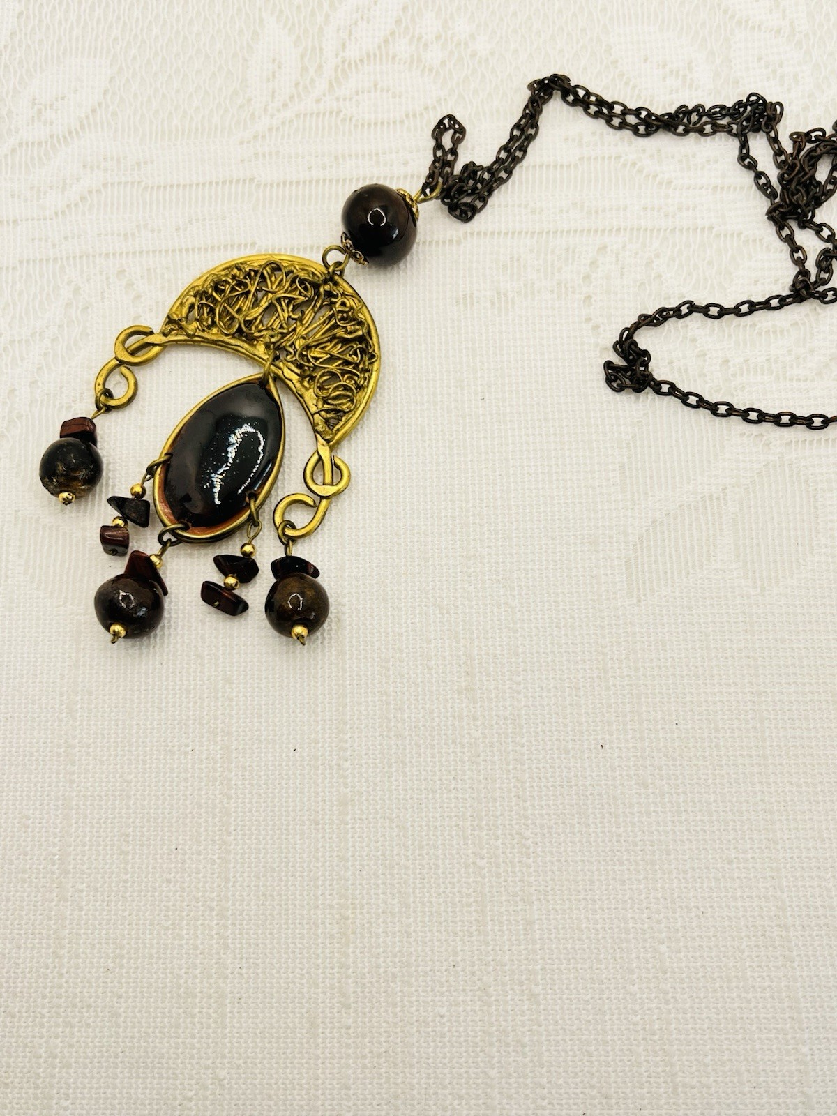 Vintage Brutalist Mixed Metals Necklace Handmade 70s Brass Copper Glass Beads