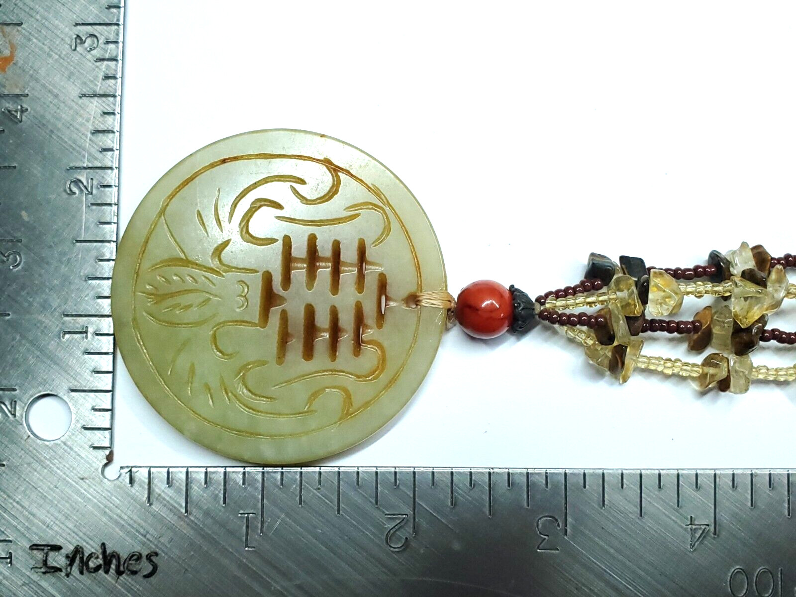 Vintage Oriental Jade Chunky Medallion Agate Tigers Eye Beaded Pendant Necklace