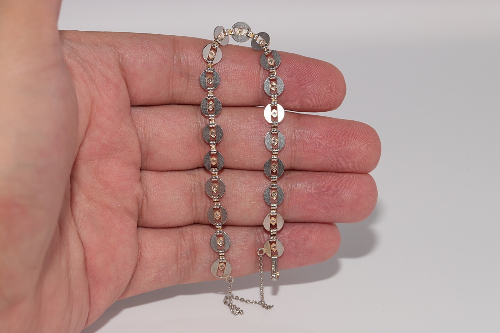 Antique Circa 1920s Art Deco 14k Gold Natural Diamond Decorated Tennis Bracelet