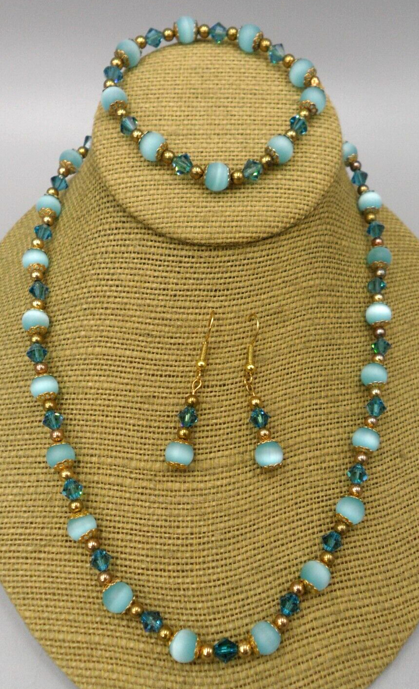 Vintage Jewelry Set Blue Cats Eye Glass Bicone Bead Necklace Bracelet Earrings