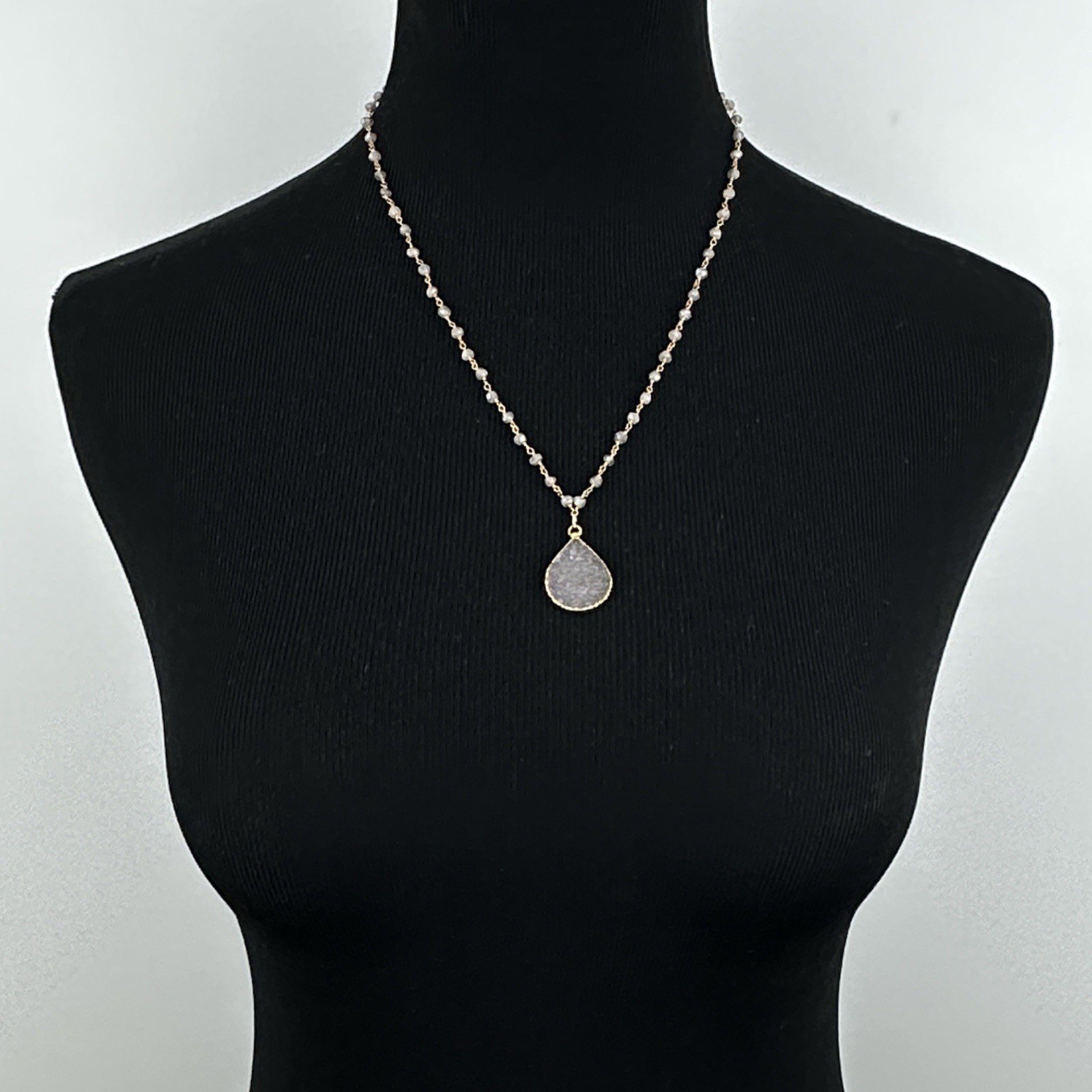 DRUZY teardrop pendant necklace – vintage labradorite bead rosary chain GF clasp