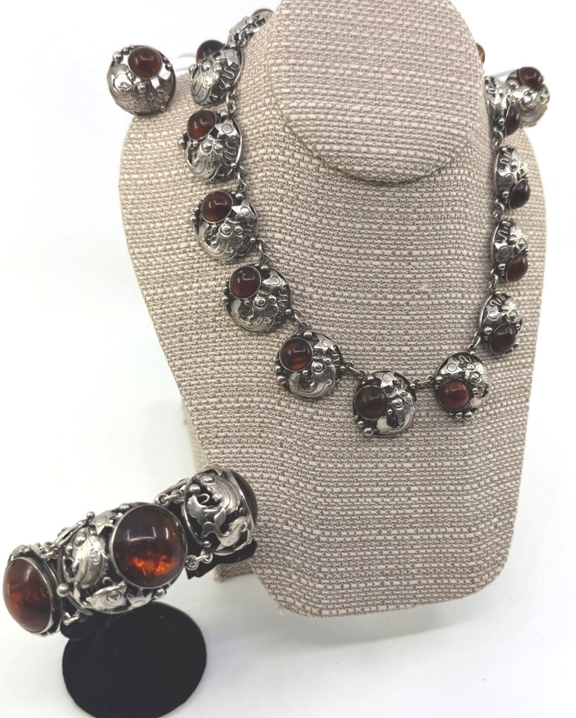 N.E. From Denmark vintage sterling Set Necklace Bracelet Clip On Screw Earrings