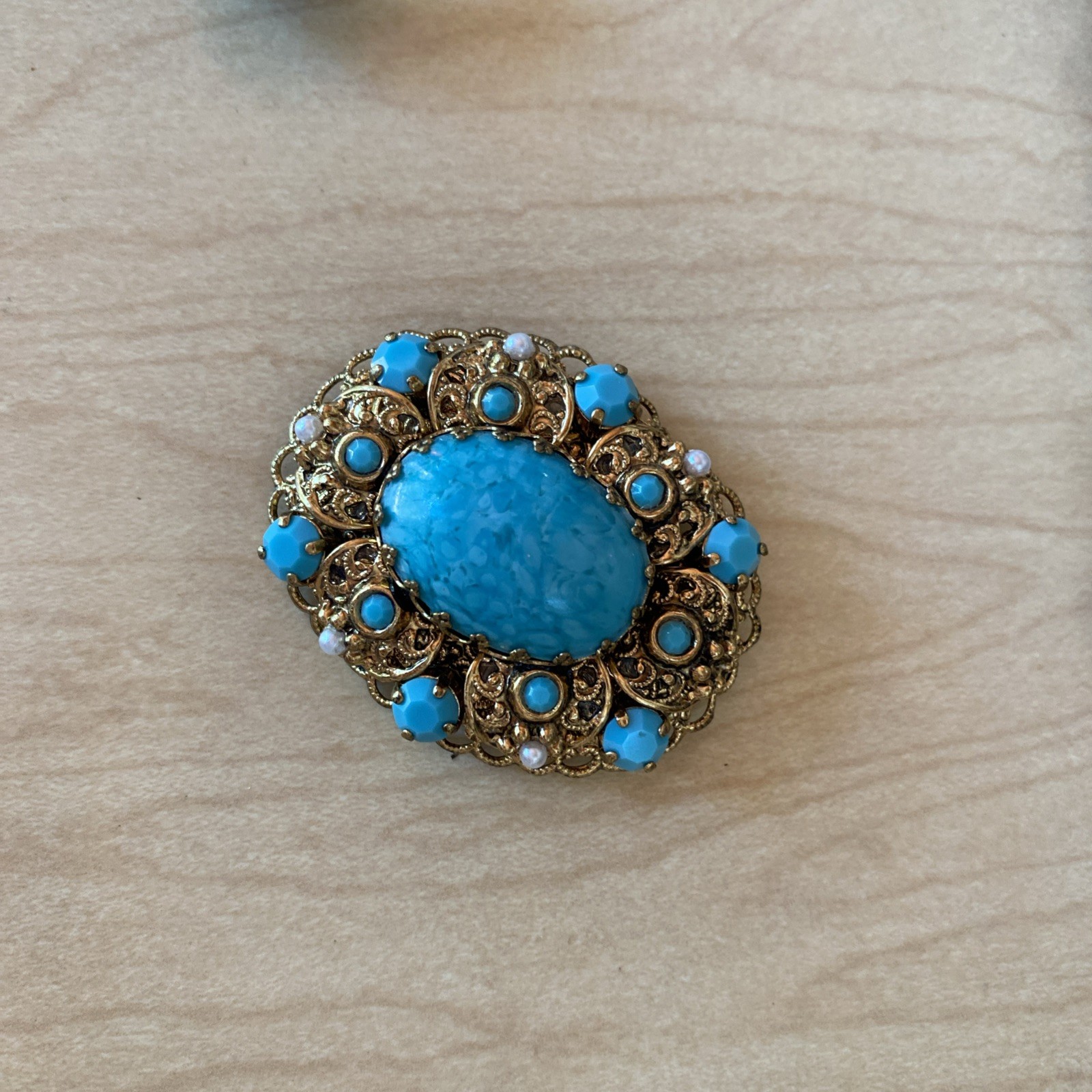 Vintage W. Germany Faux Turquoise Cabochon Filligree Brooch Pin & Clip Earrings