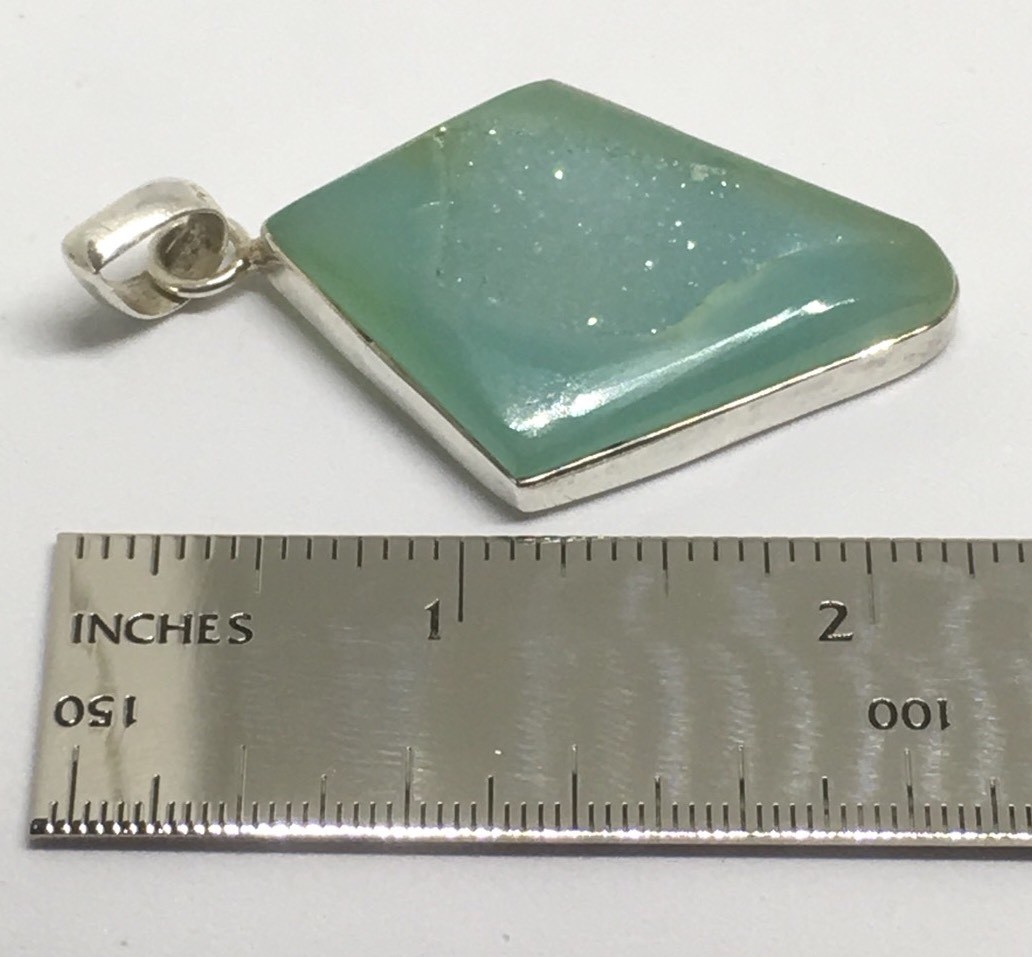 Natural Green Geode Pendant Polished Edges w/ Crystals in Sterling 15.9 grams