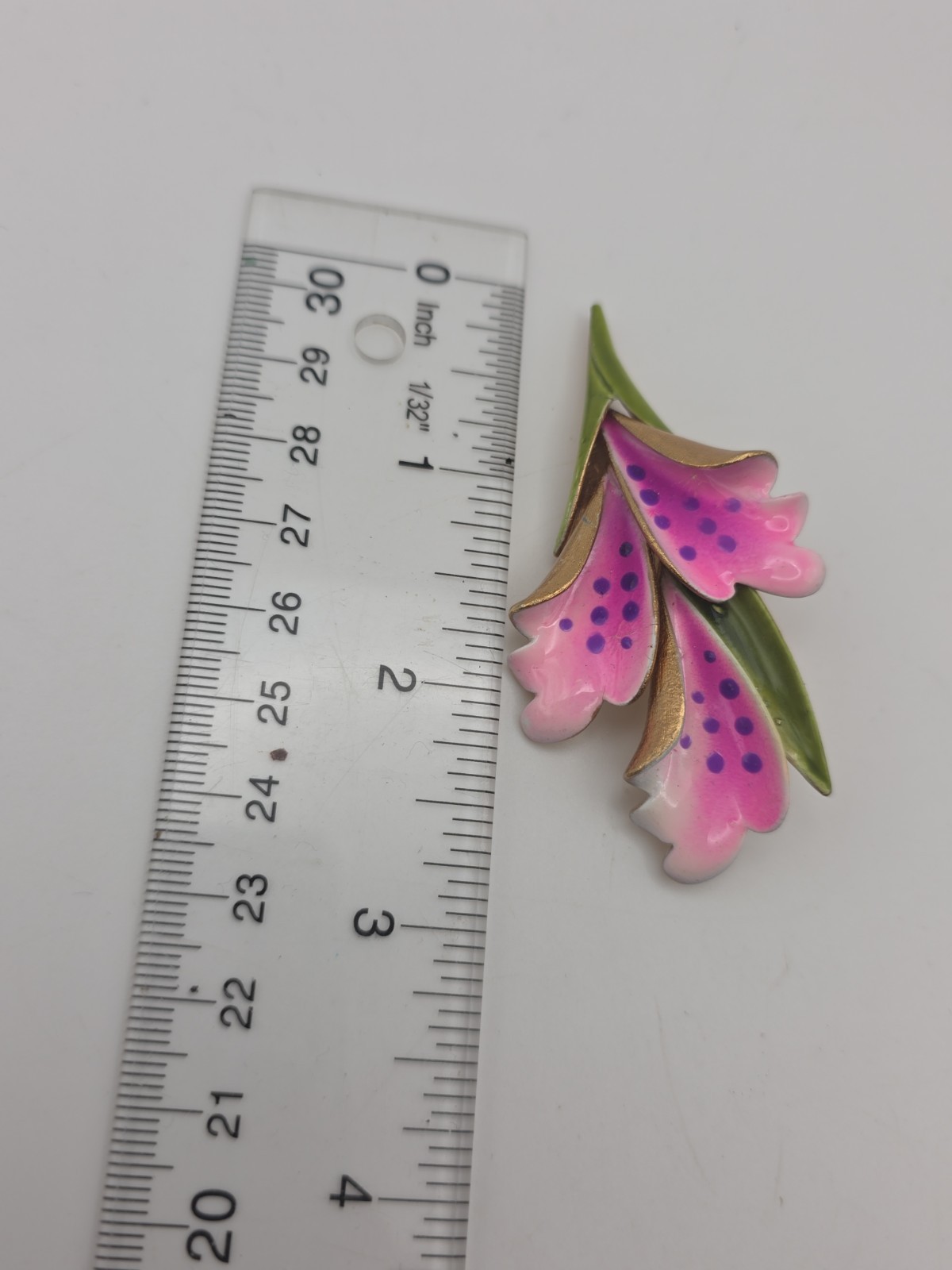Vintage Corocraft Enameled Pink Purple Lily Orchid Retro Brooch Gold Tone Signed