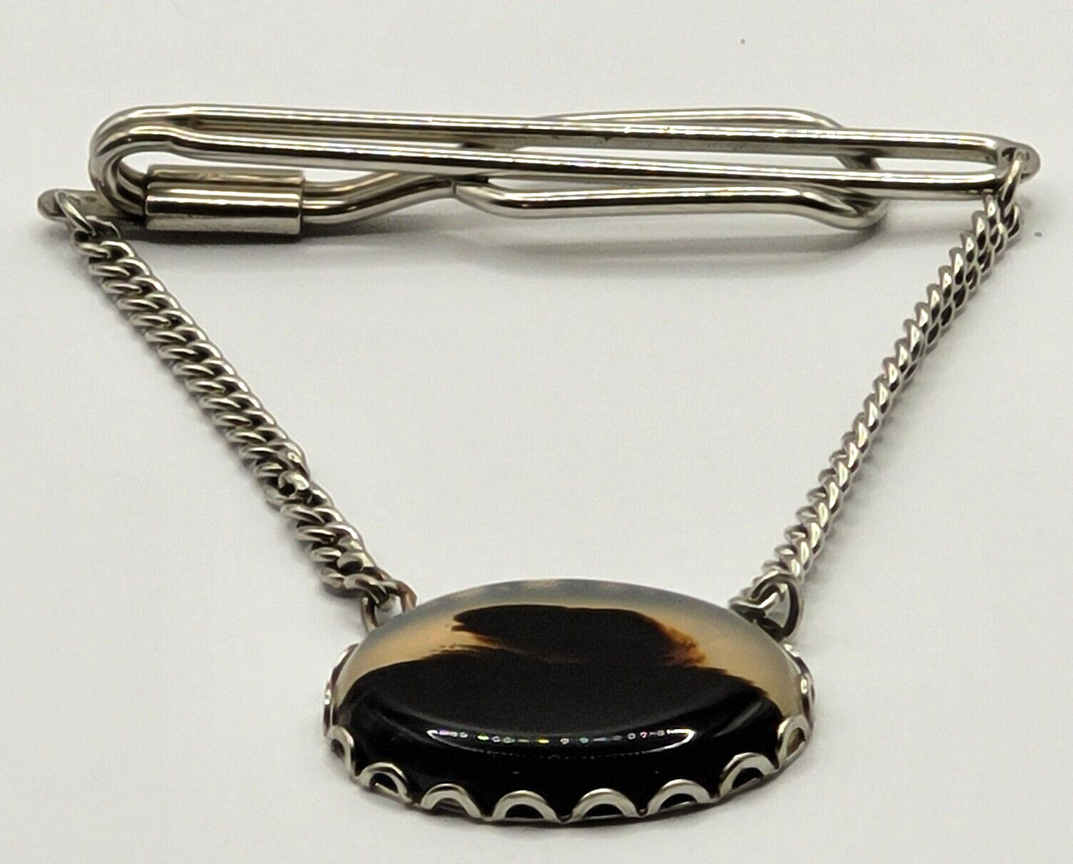 Agate Oval Cabochon Brown Shades Silver Tone Fancy Tie Bar Clip Clasp with Chain