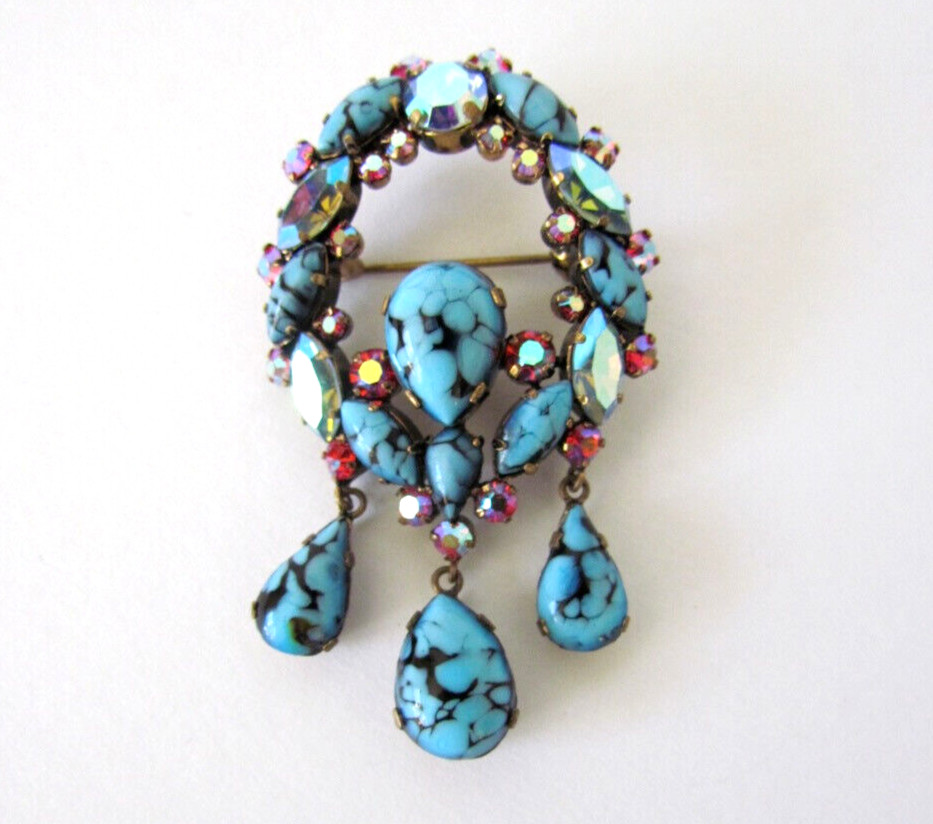 Vintage Austrian Art Glass Dangle Brooch Cabachon Rhinstones Blue Pink Rare