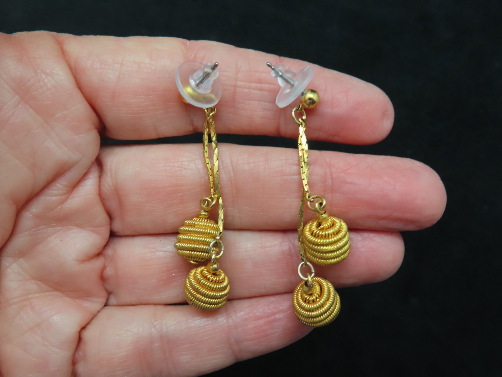 Vintage Gold Plated 1980’s Dangle Ball Pierced Earrings on Cobra Chain
