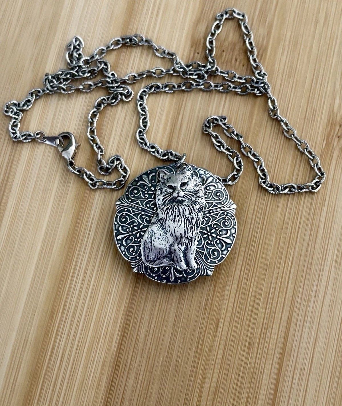 Vintage Cat Hidden Locket Necklace, Memorial Ashes Keepsakes Silver Pendant