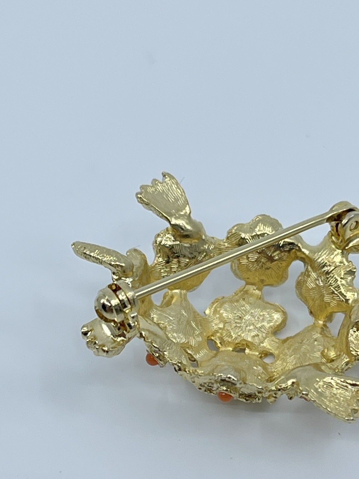 Vintage Brooch Pin De Nicola turtle faux coral and green rhinestone 1-3/4″