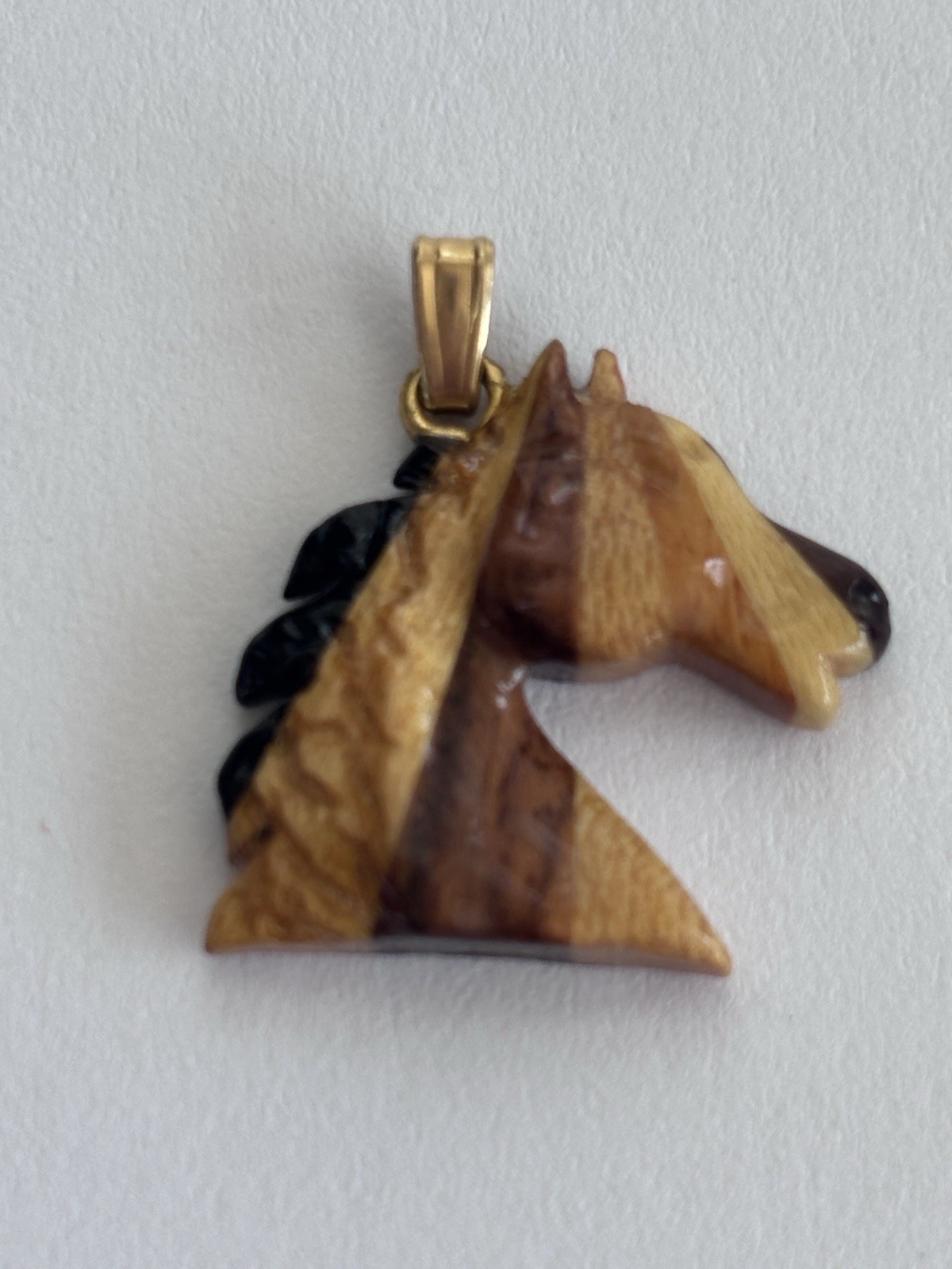 Vintage Hand Carved Wood Horse Head Pendant 1” Equestrian 14K GF Bail