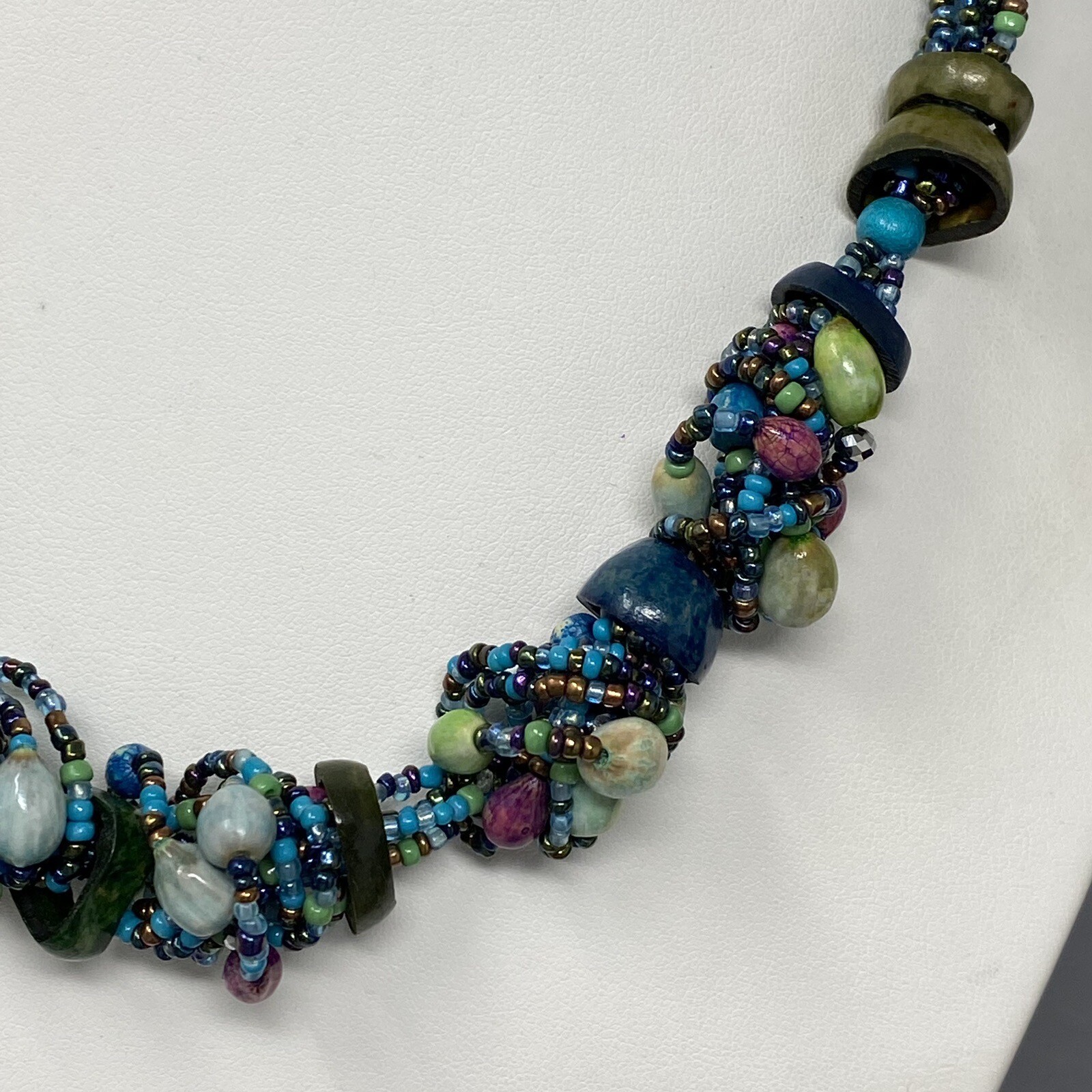 Boho Necklace Vintage Blue Multicolor Seed Bead Dyed Nut Multi Strand Collar 19″