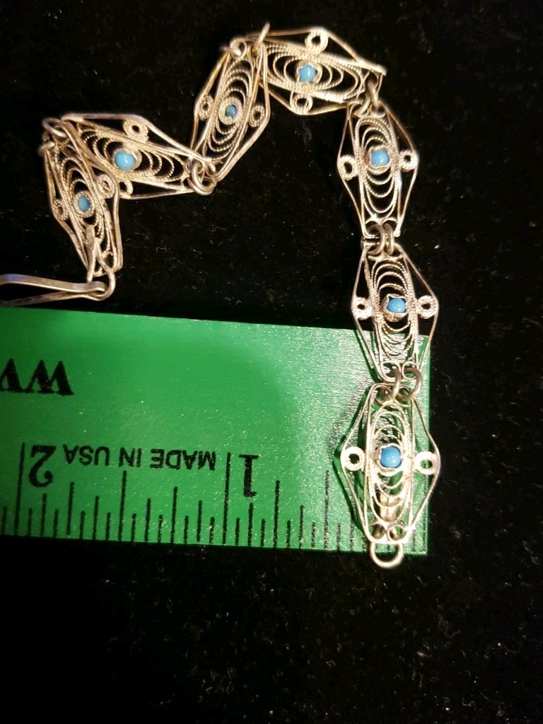 Vintage 6″ Filigree Silver Tone Bracelet With Small Blue Stones