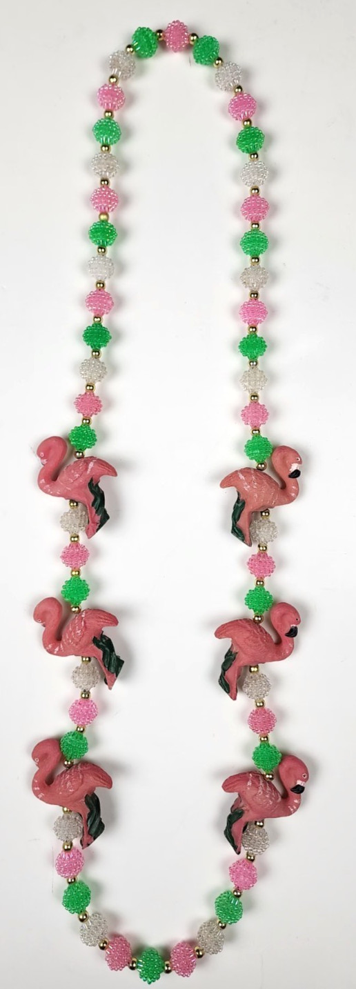 VTG Pastel Resin POPCORN Beaded Flamingo Necklace Pink Green FUN witty Wear