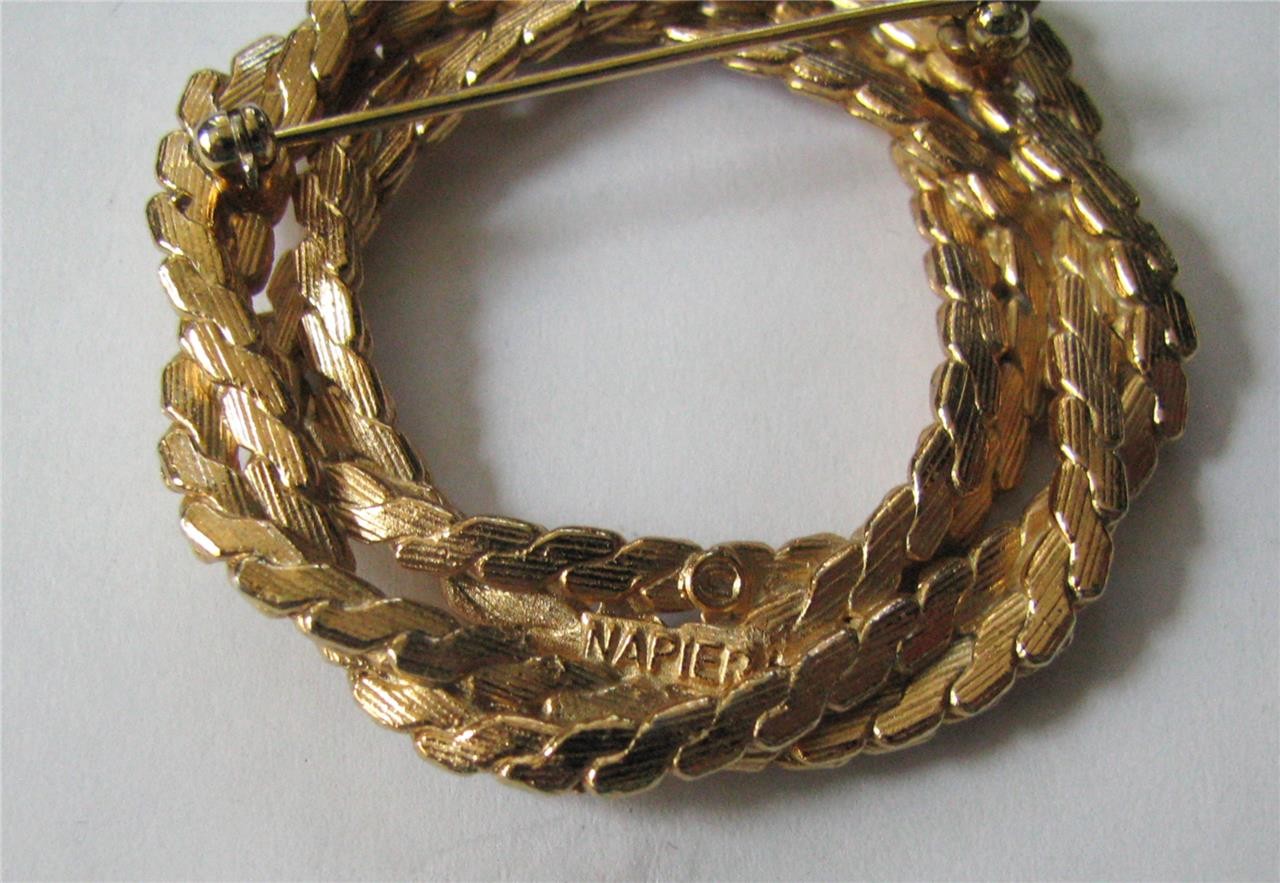 Vtg Napier Circle Brooch Pin Earrings Set Gold Flat Chain Braid Demi Parure