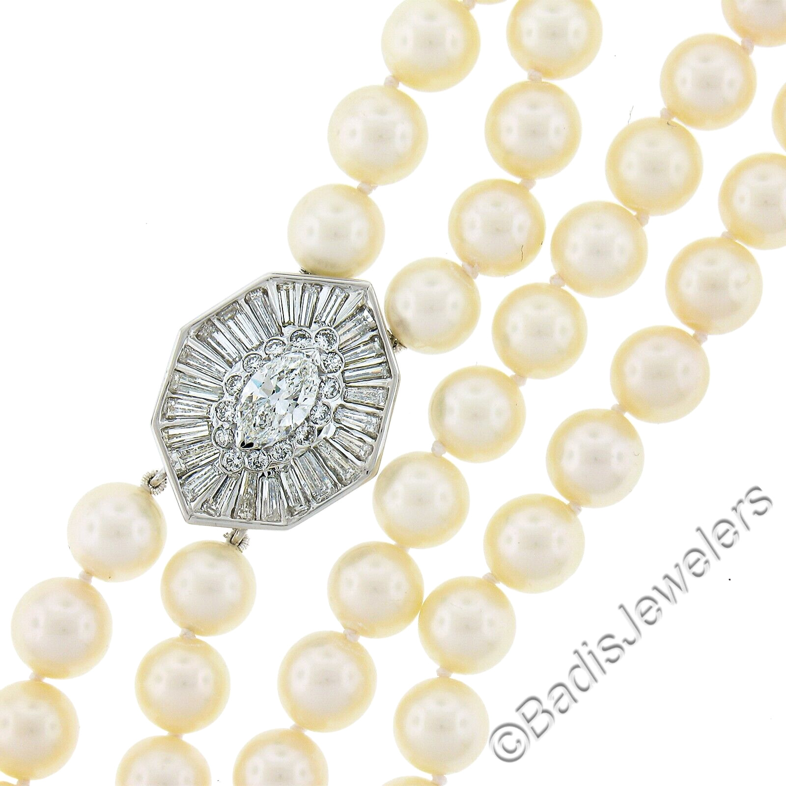 18k White Gold Dual Strand 8-8.5mm Pearl Necklace w/ GIA 3.68ctw Diamond Clasp