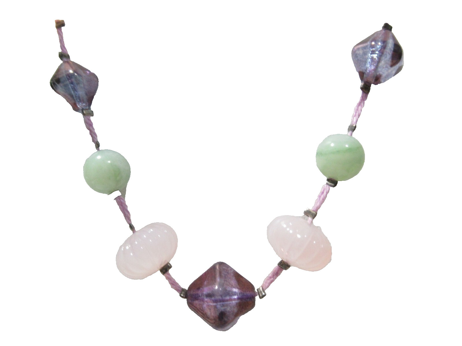 PASTEL COLOR PINK GREEN AND PURPLE PLASTIC BEADED NECKLACE ILLUSION VINTAGE
