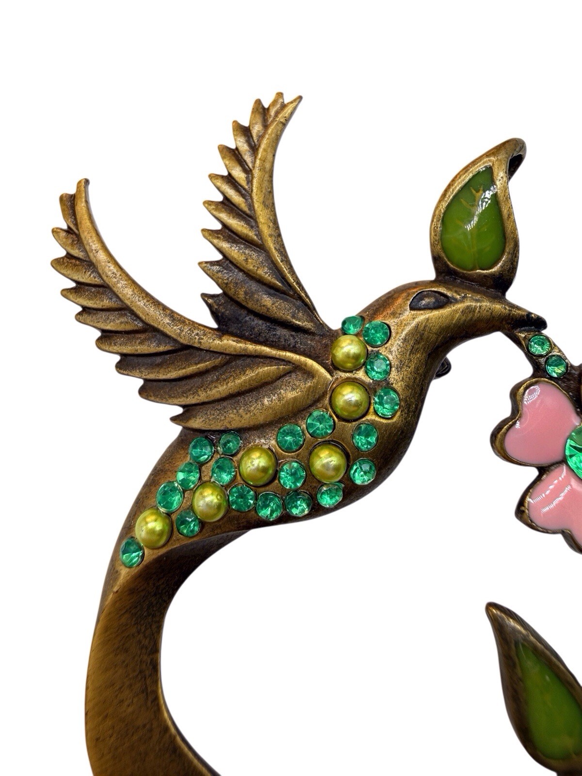 Vintage Green Rhinestone and Faux Pearl Hummingbird Pink Enamel Flower Brooch A9