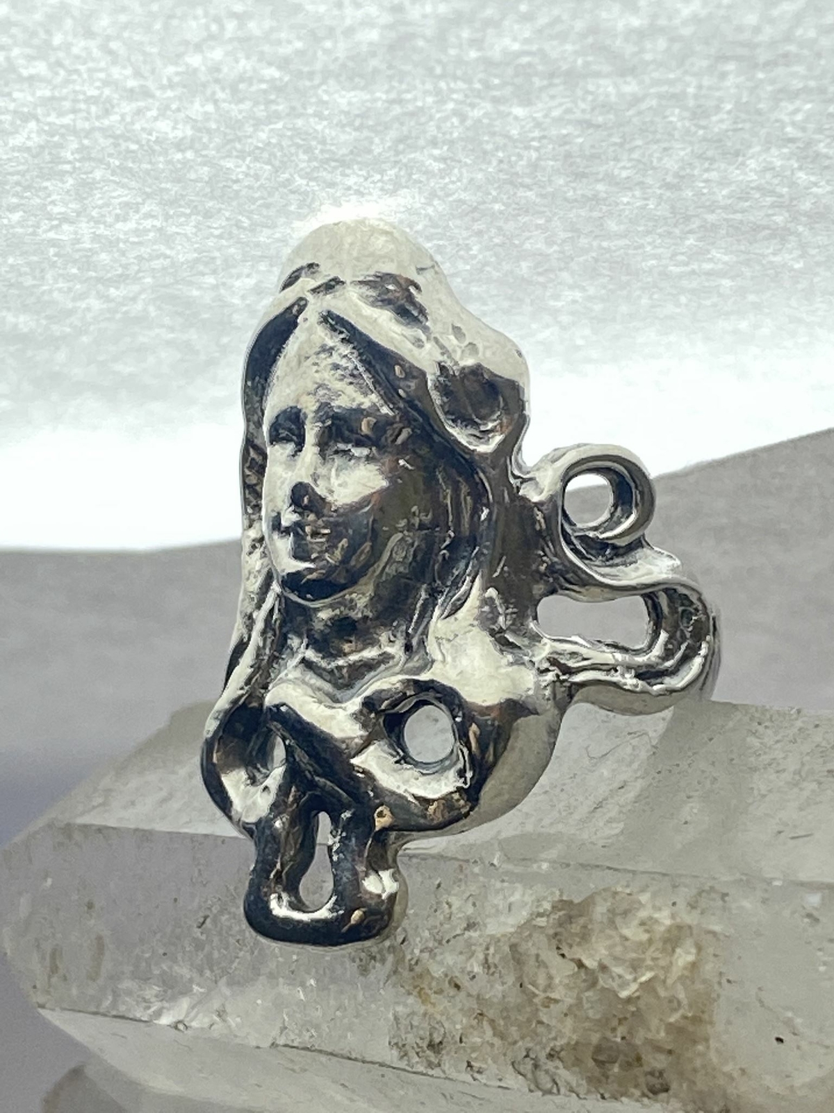Face ring with long hair art deco influences sterling silver