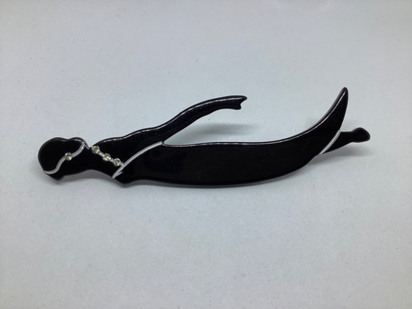Vintage Lucite Brooch Pin Flapper Lady Black Clear Rhinestones Large 4 inch