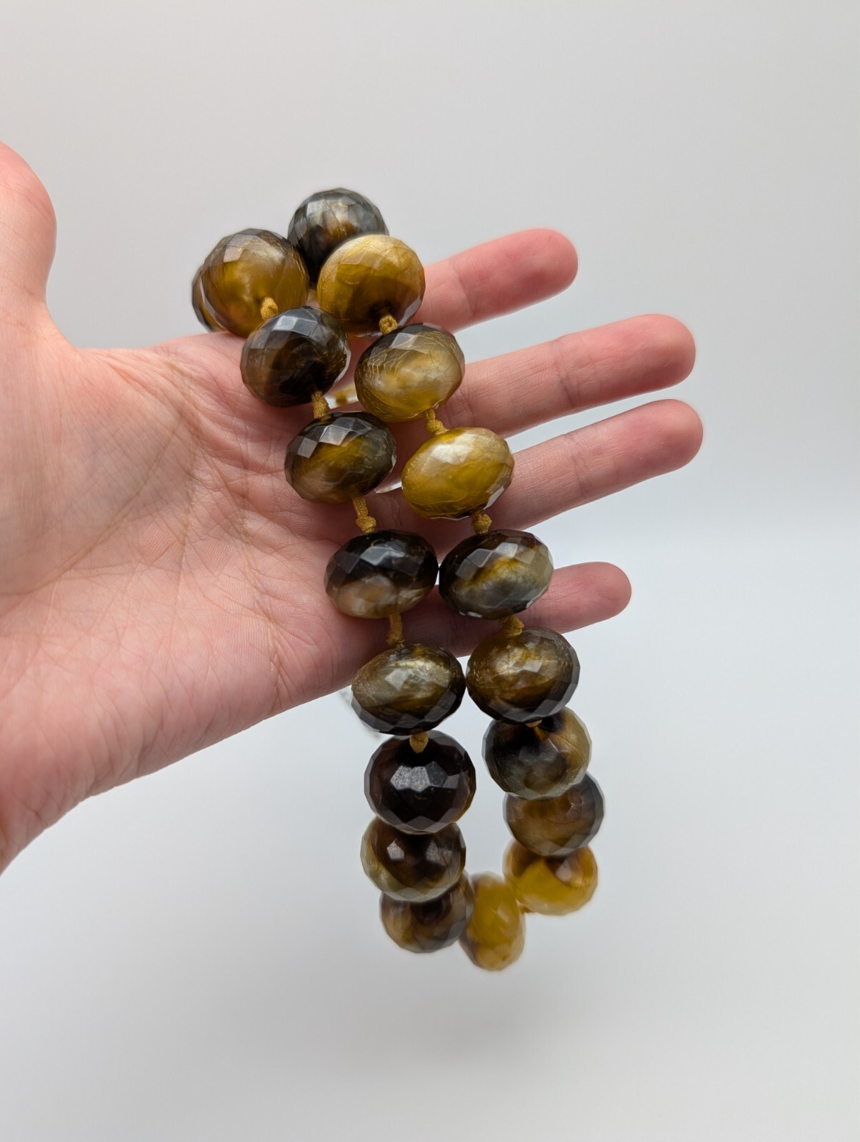 Chunky Hand Knotted Tan Brown Marble Swirl Plastic Faceted Beaded Necklace