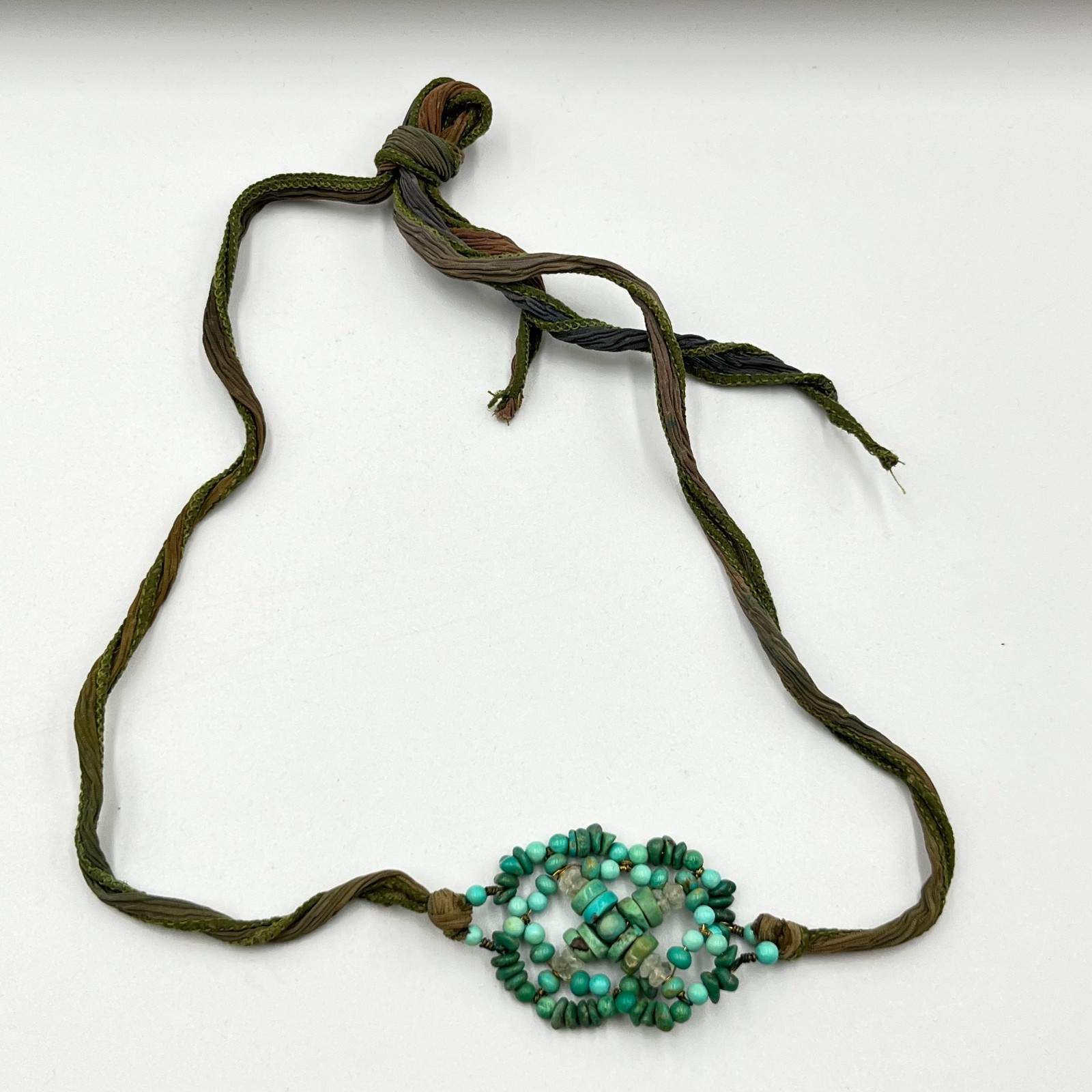 VTG Boho Artisan Turquoise Beads Silk Ribbon Wrap Necklace Earthy Mixed Green