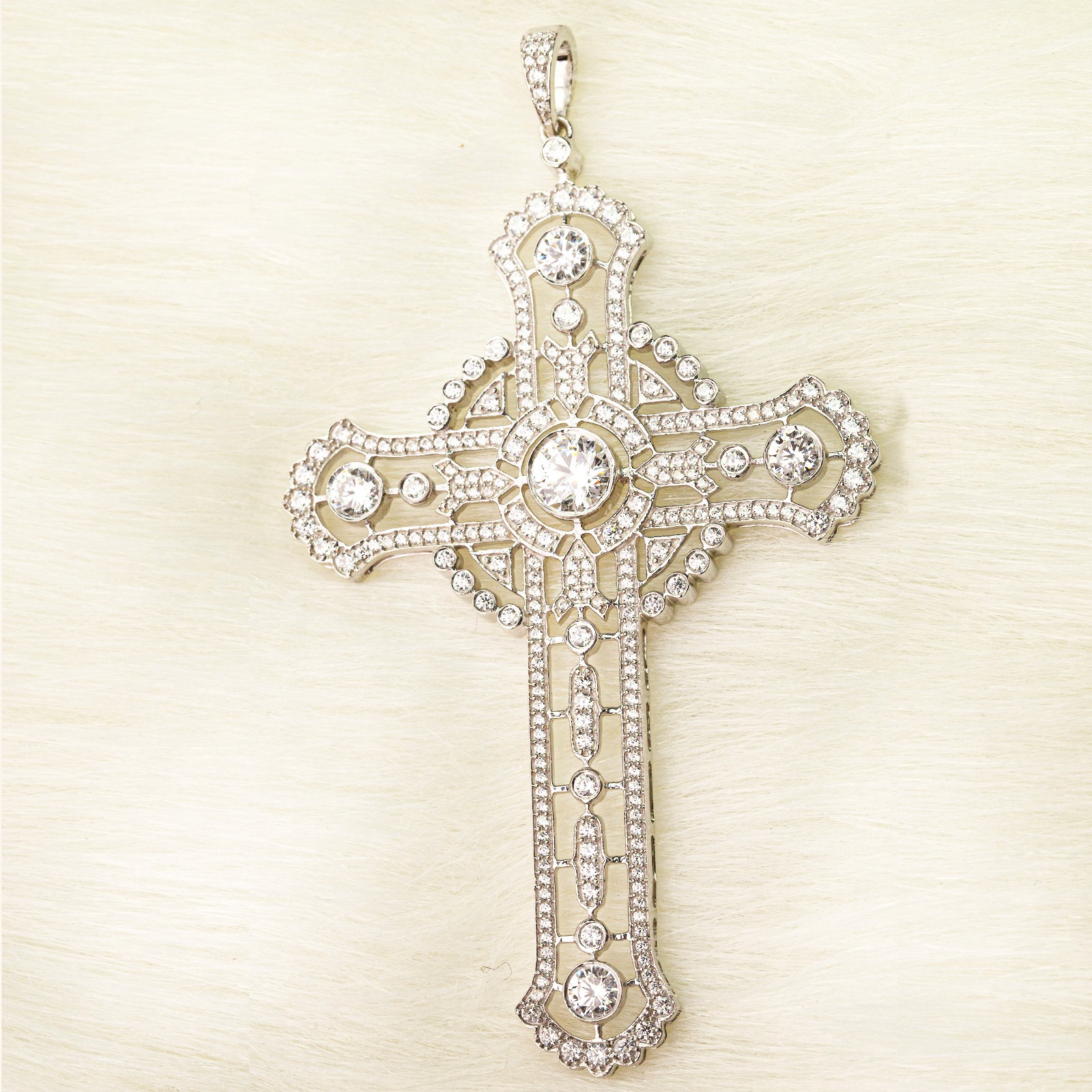 3.85TCW Round Lab Grown Diamond 14K Gold Vintage Art Deco Cross Filigree Pendant