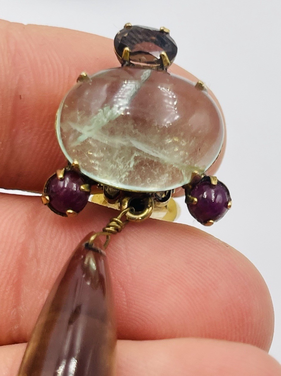 Iradj Moini Vintage Gold Plated Green Beryl Smoky Quartz Ruby Dangle Earrings