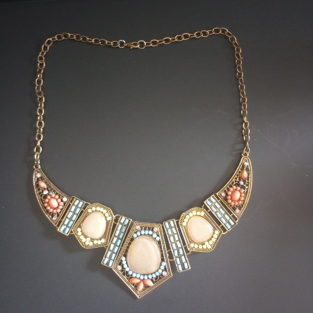 Vintage Multicolor Collar Bib Necklace Pastel Mosaic Bead Design Approx 19″ EUC