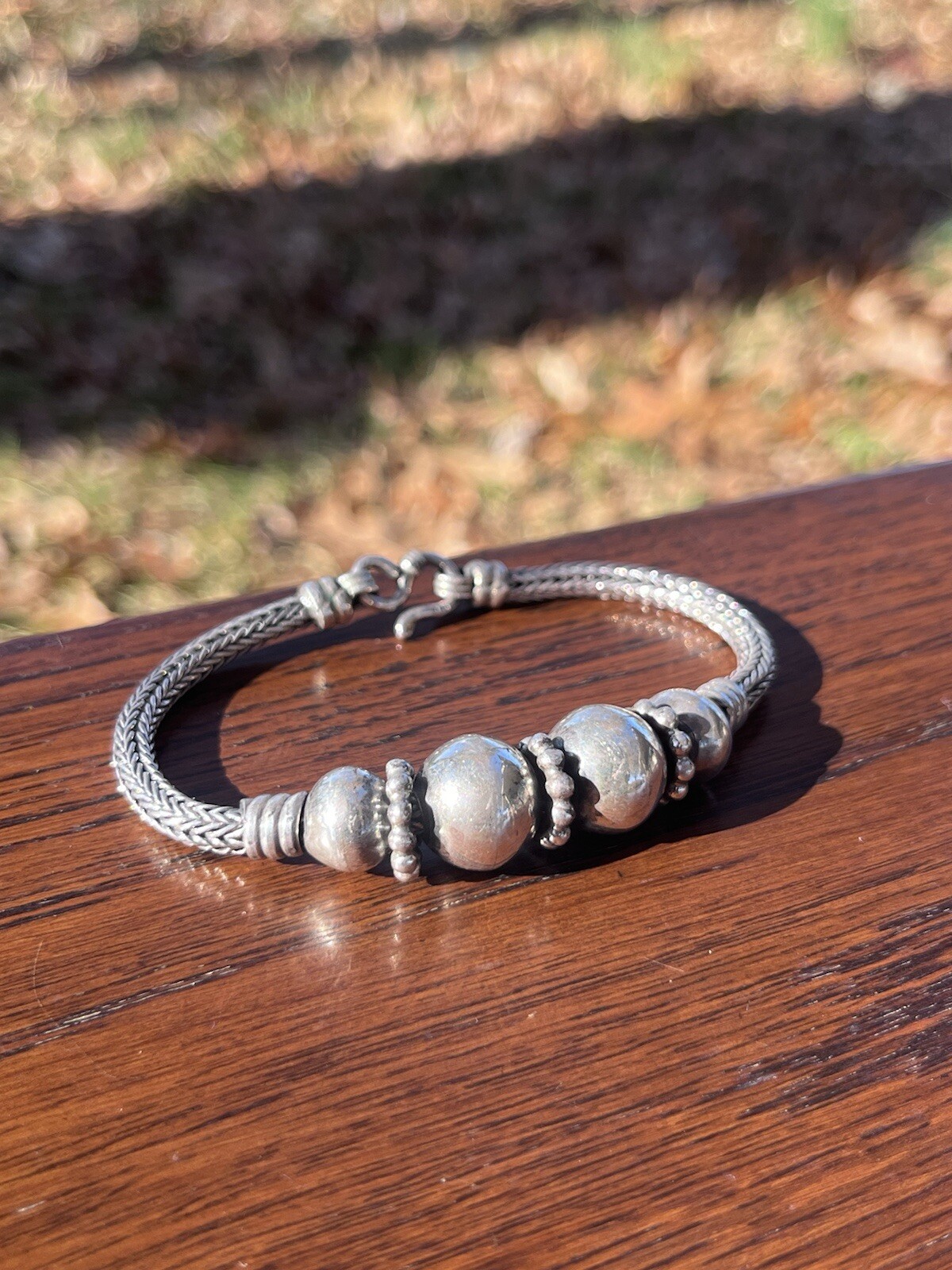 Vintage Sterling Silver Wheat Link Beaded Bracelet