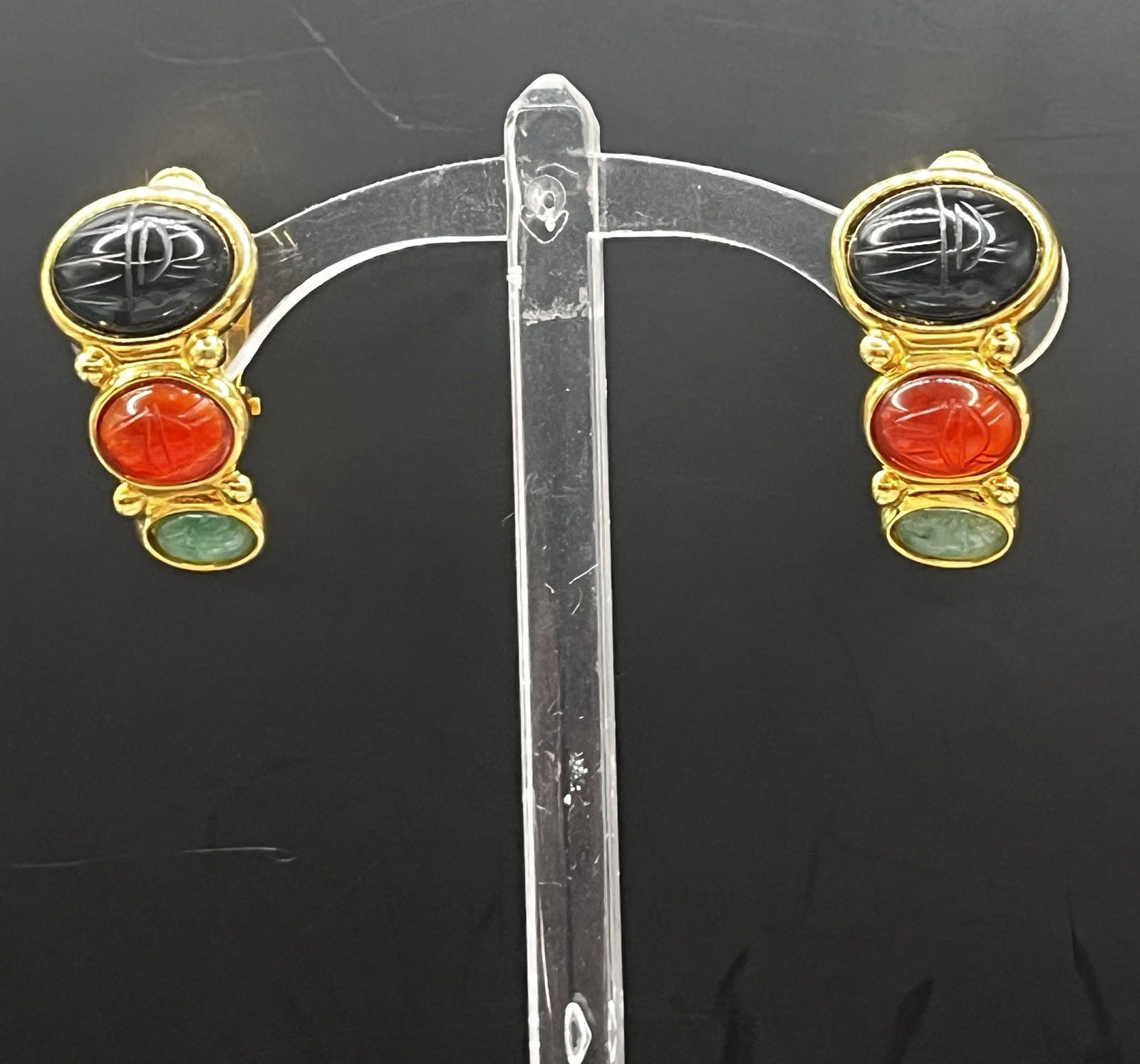 Egyptian Style Carved Scarab Weingeroff Glass/stone Half Hoop Drop Earrings
