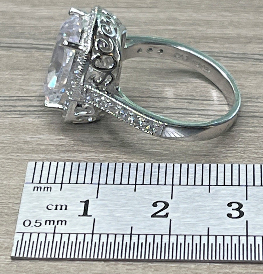 Signed PAJ Sterling 925 Clear CZ Cushion Cut Ring Halo With Side Stones SZ 8 6g