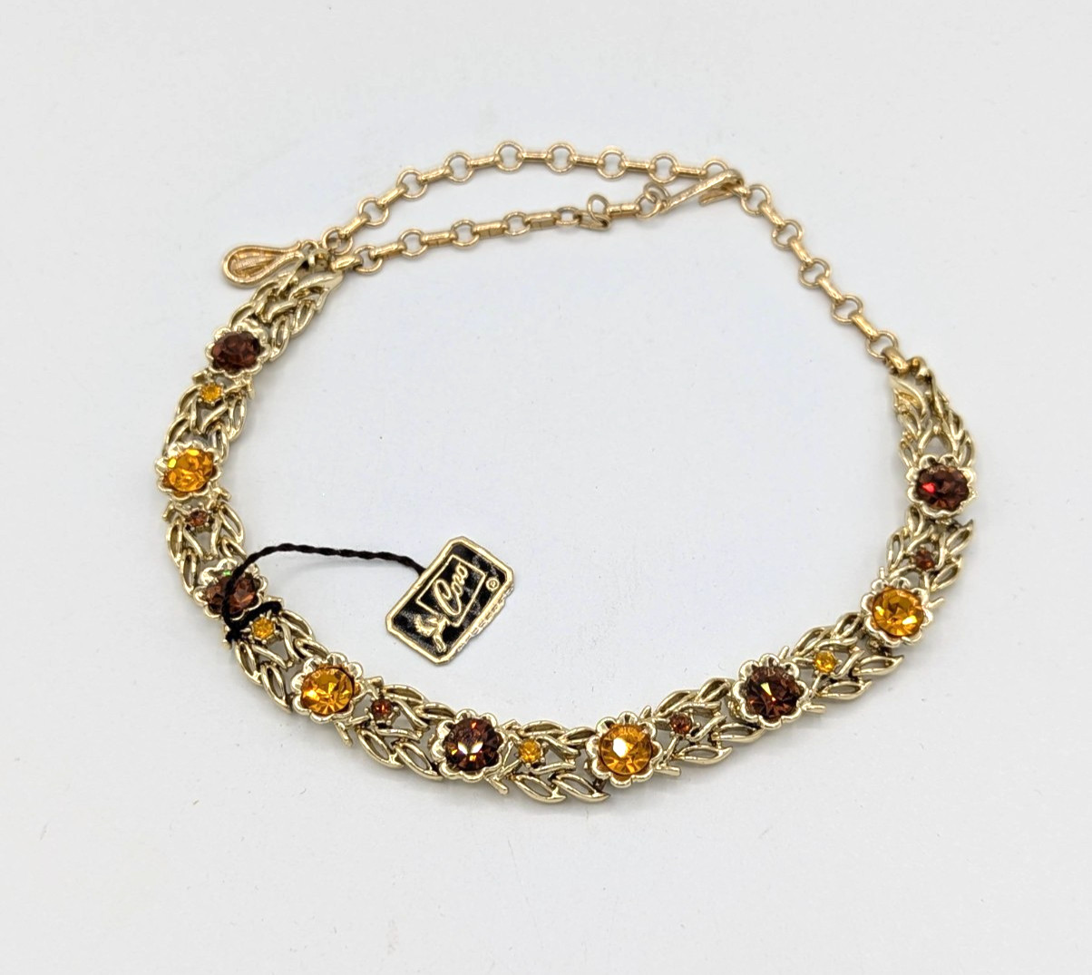 Vintage Coro Rhinestone Necklace Fall Colors Gold Tone Leaves Choker NOS Tag