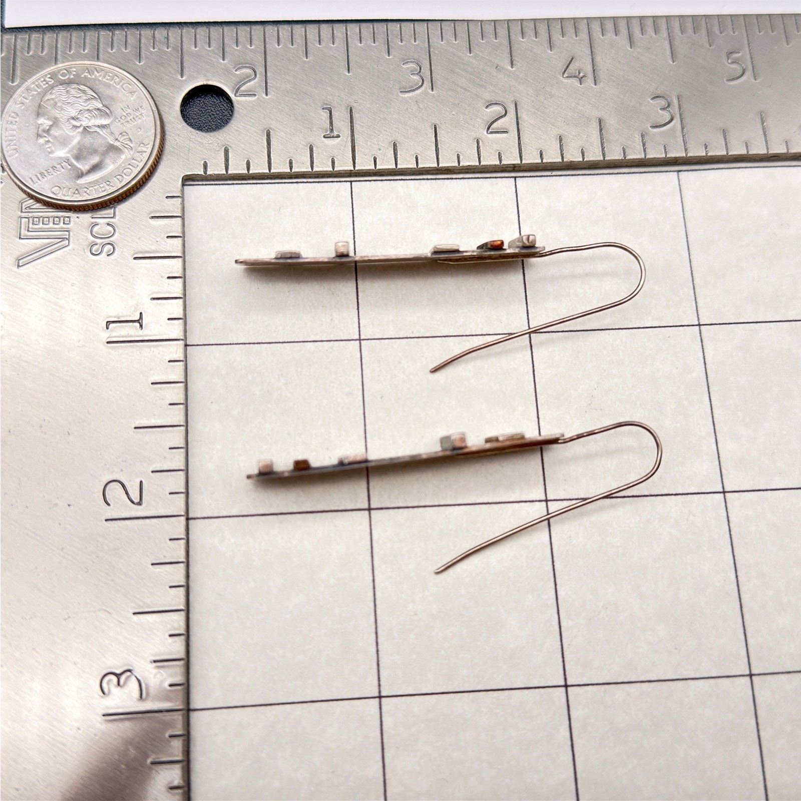 Vintage Modernist Mixed Metal Bar textured Sterling Silver Dangle Earrings