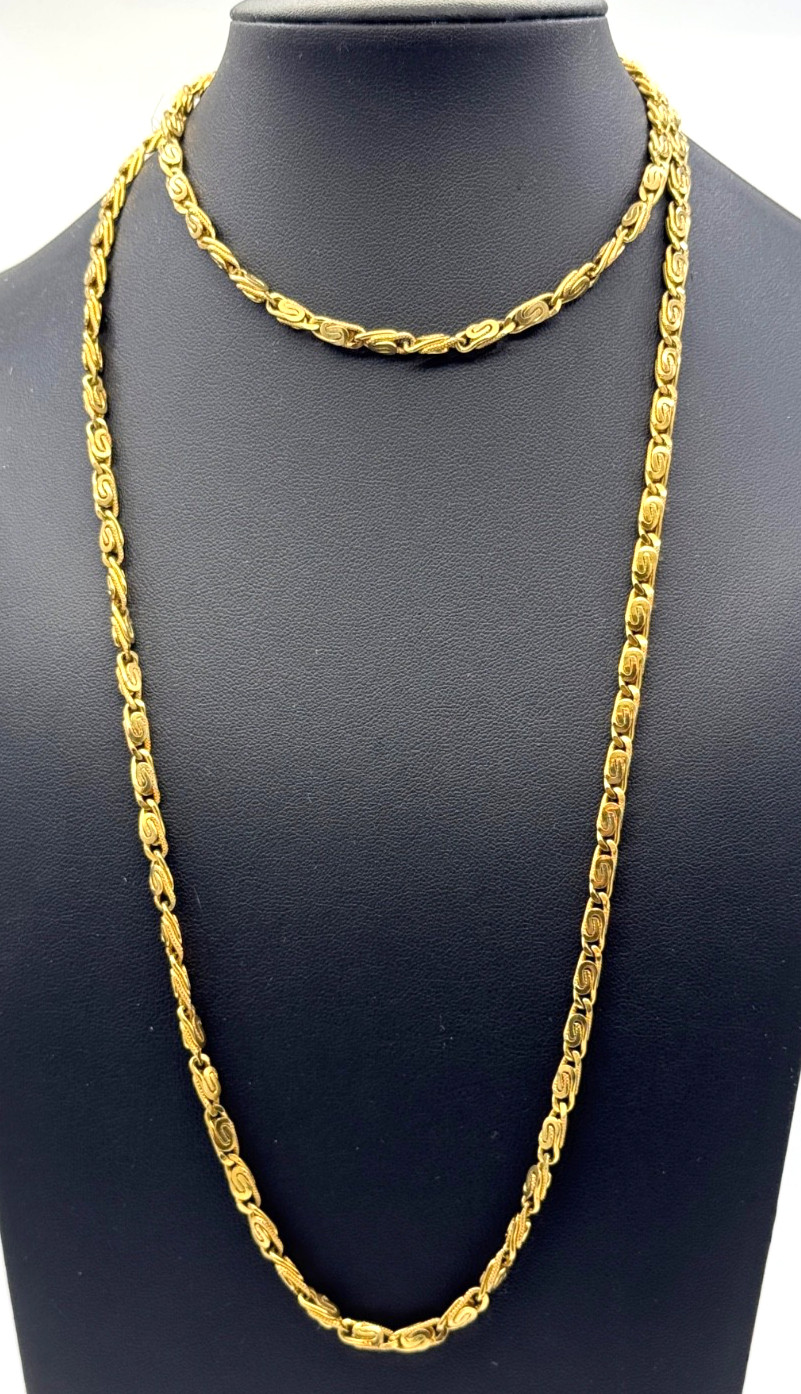 Vintage 36″ Monet Necklace Opera Gold Tone Snail Scroll Link Chain Sister Clasp