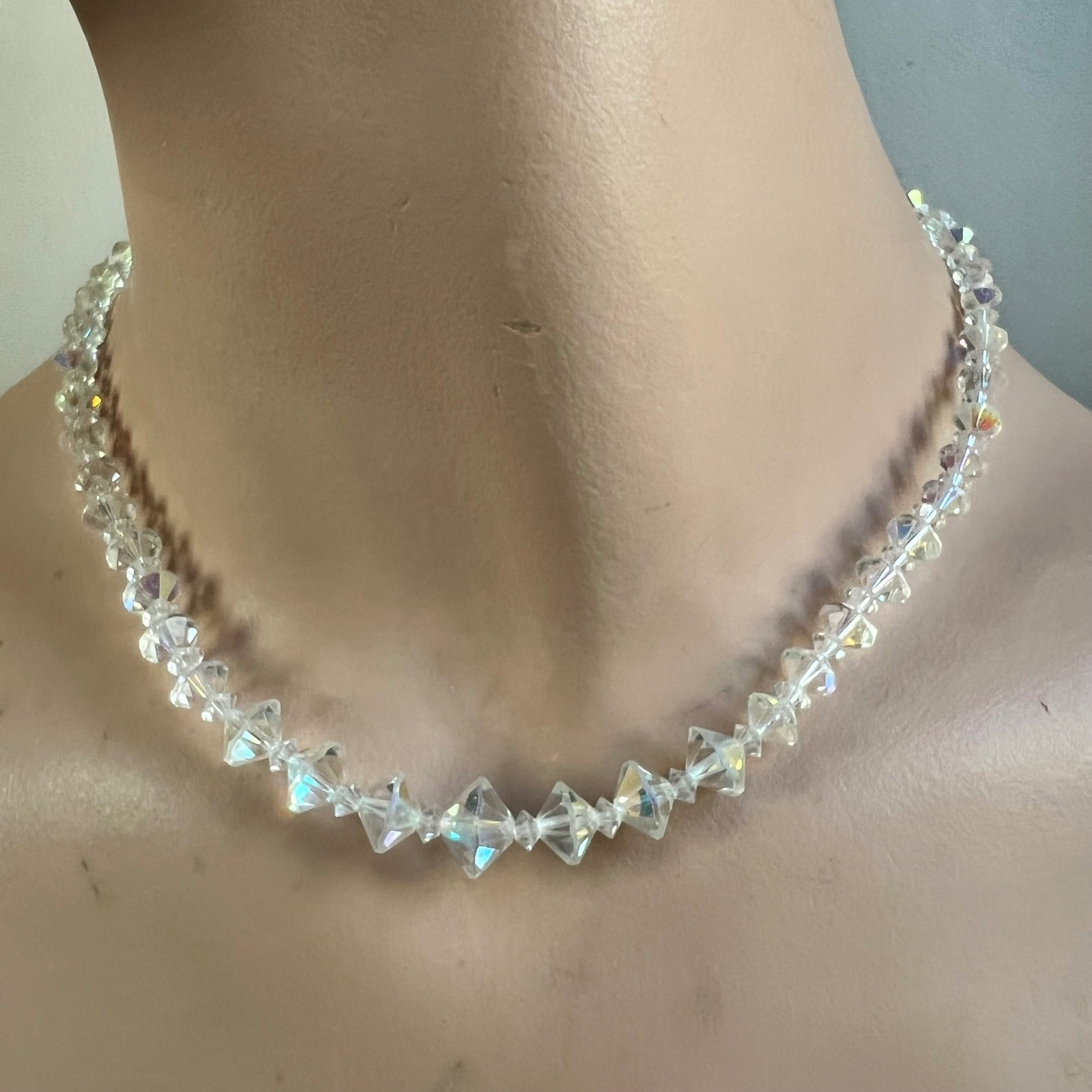 Circa 1950 Aurora Borealis AB Crystal Graduated Bicone Bead Necklace 16-18.5″
