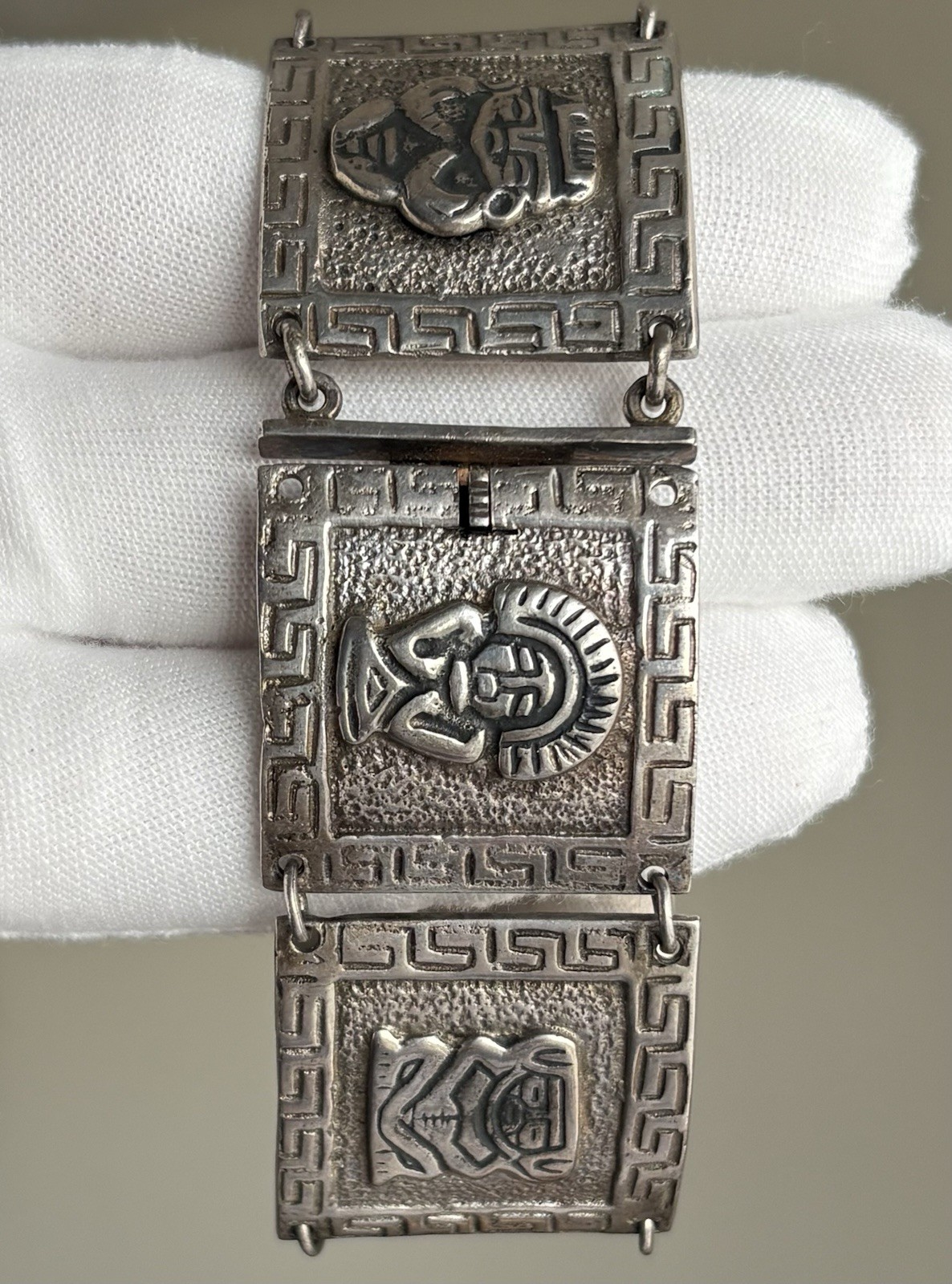 Vintage Silver Peru Panel Bracelet Ethnic Wide Heavy 7.25in 900 Plata 63.45g